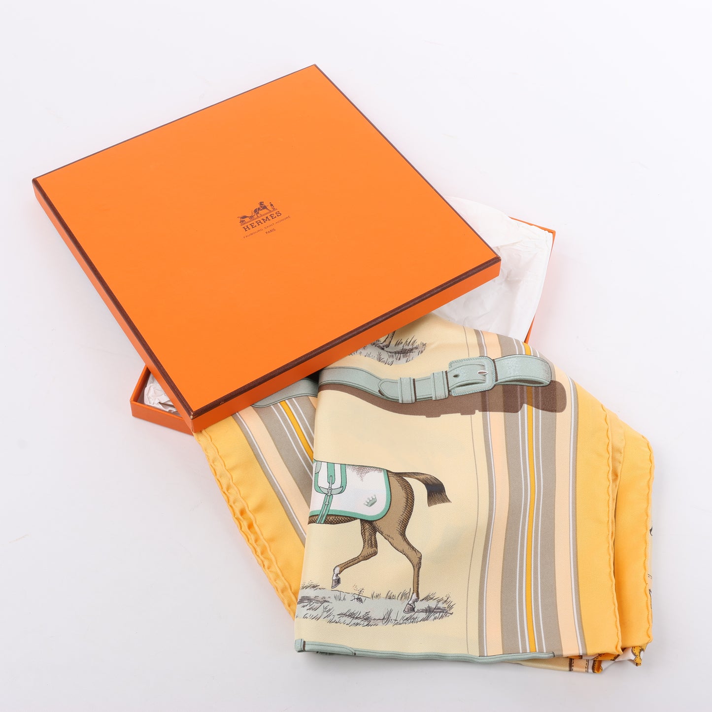 Hermès Carré 90 "Couvertures Et Tenues de Jour Pocket Square" 100% Silk Scarf in Beige