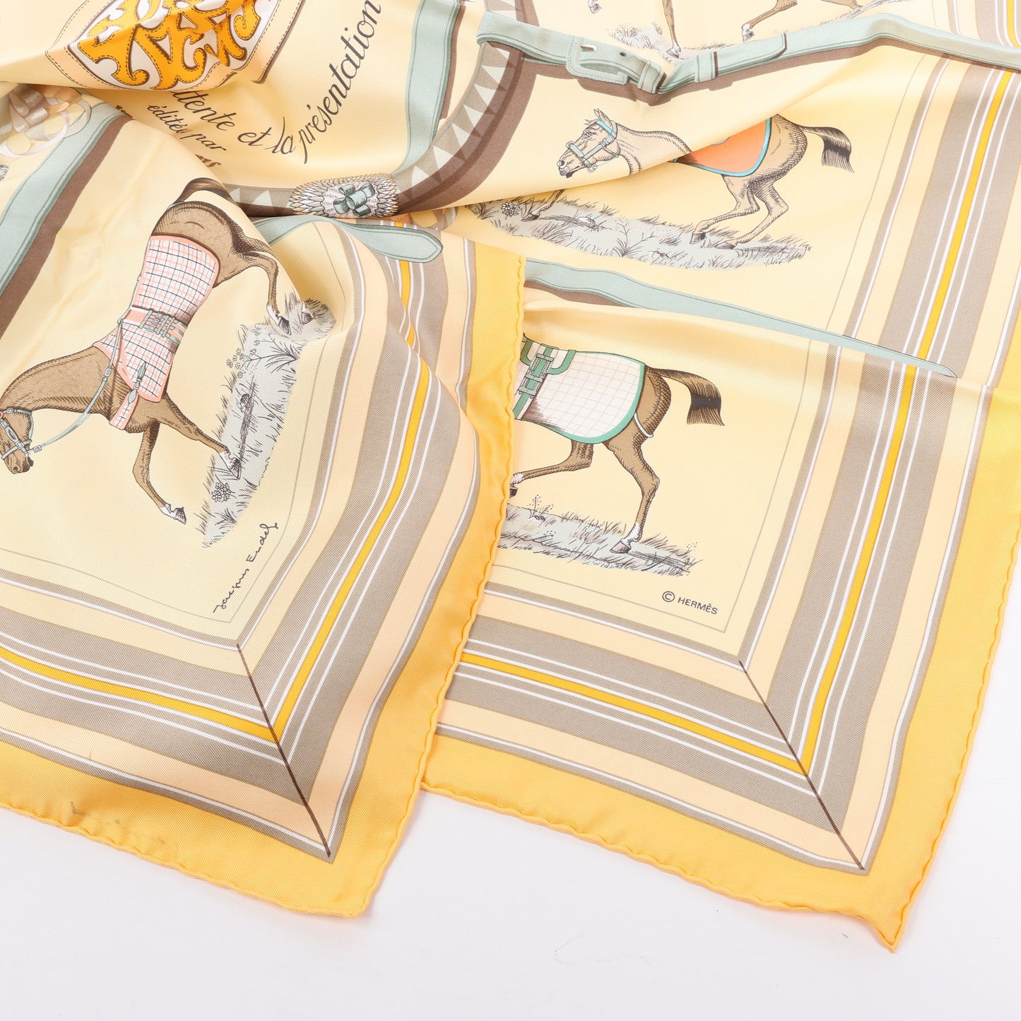 Hermès Carré 90 "Couvertures Et Tenues de Jour Pocket Square" 100% Silk Scarf in Beige