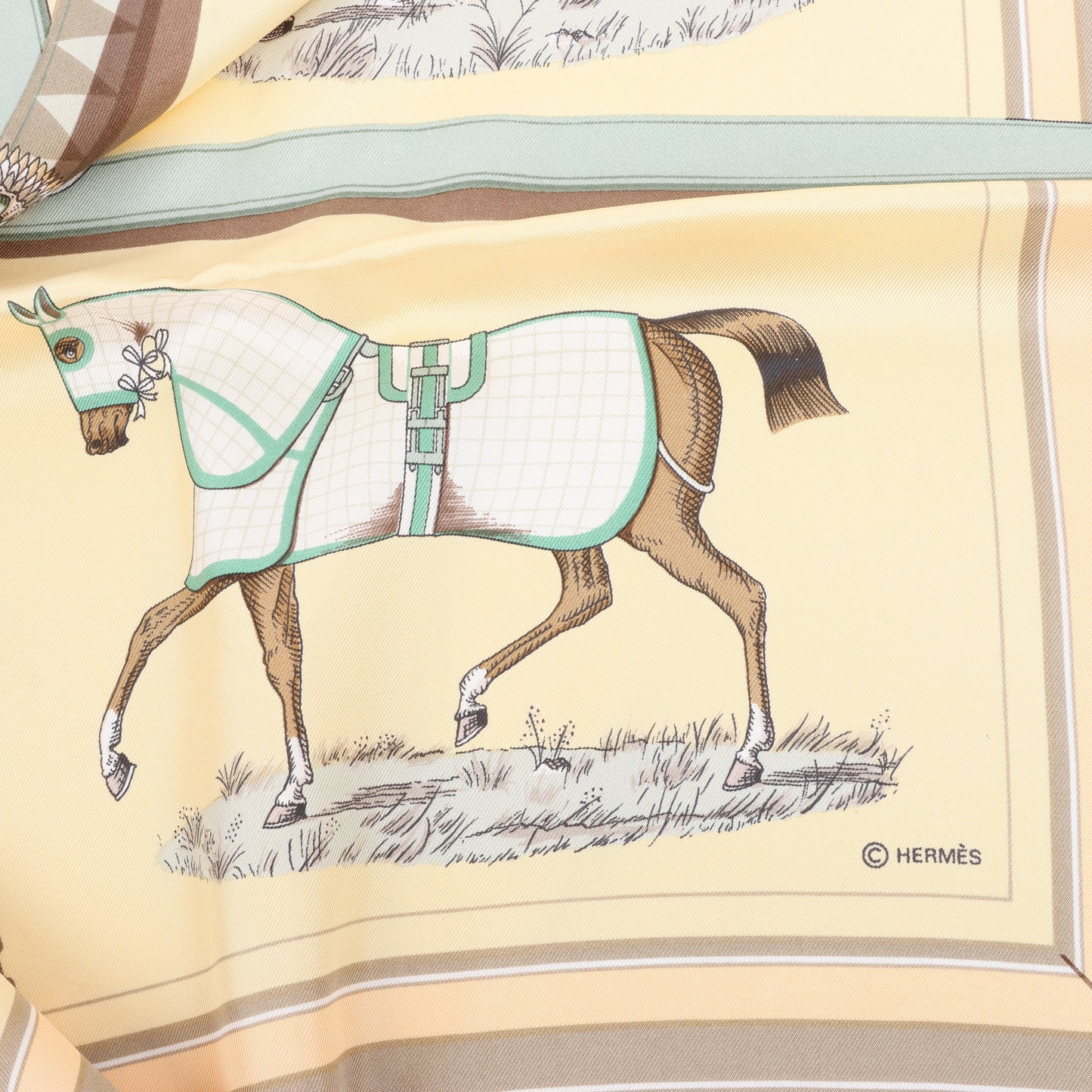 Hermès Carré 90 "Couvertures Et Tenues de Jour Pocket Square" 100% Silk Scarf in Beige