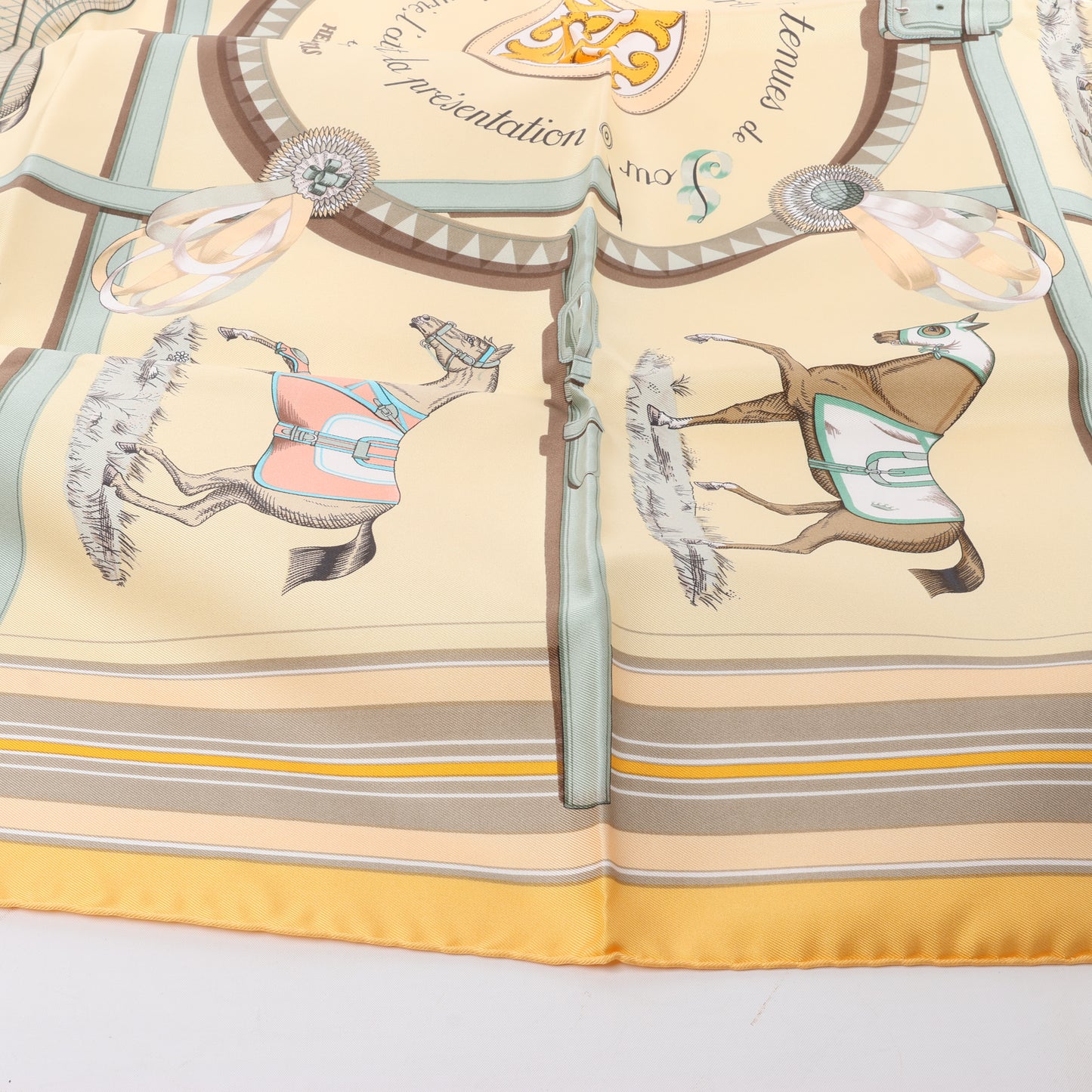 Hermès Carré 90 "Couvertures Et Tenues de Jour Pocket Square" 100% Silk Scarf in Beige