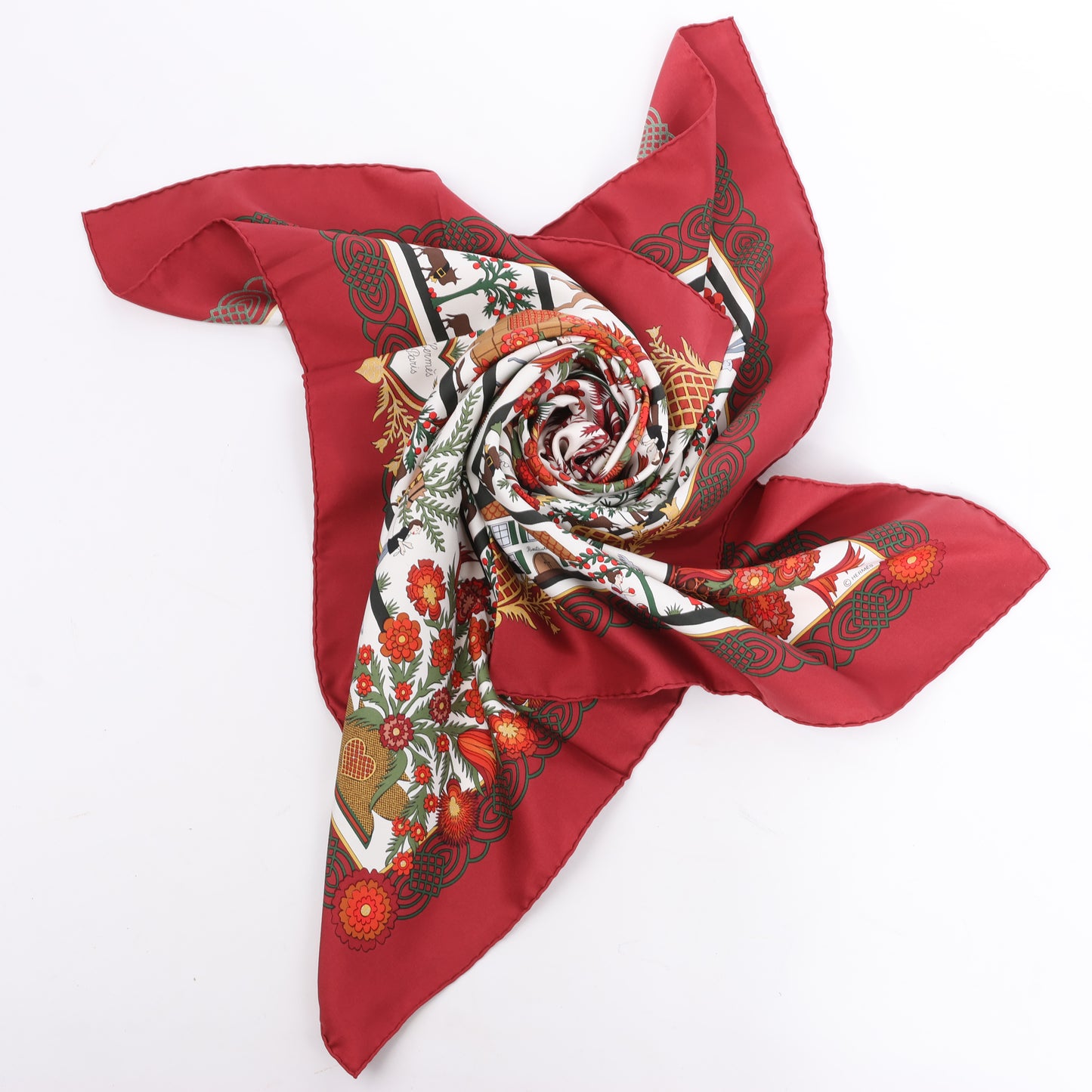 Hermès Carré 90 "Decoupages" 100% Silk Scarf in Red