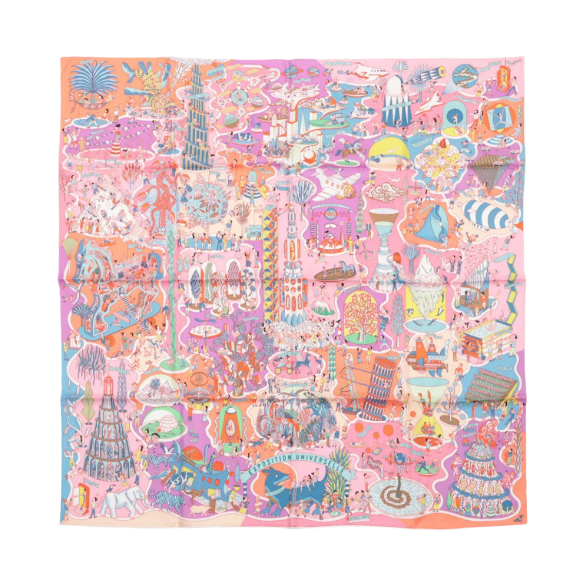 Hermès Carré 90 "Exposition Universelle" 100% Silk Scarf in Pink