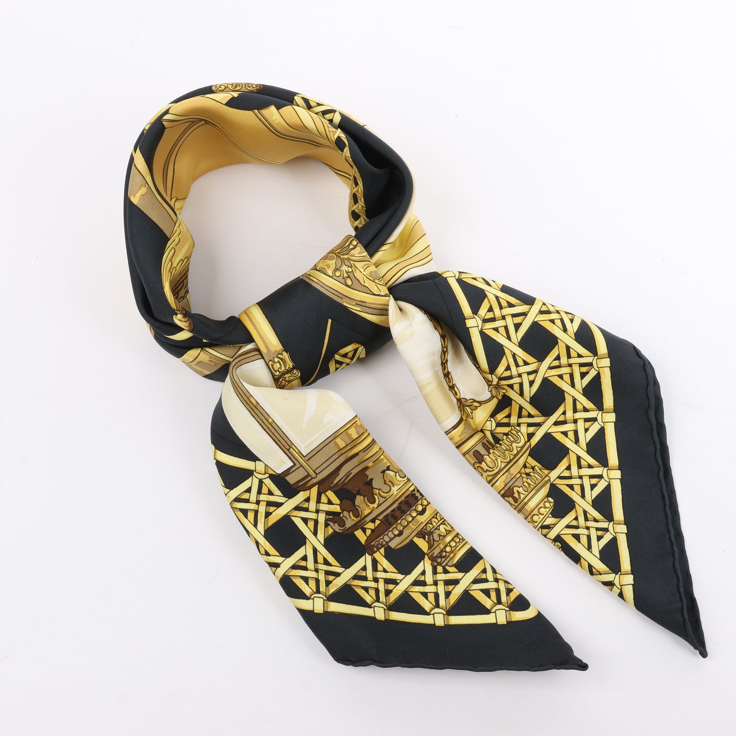 Hermès Carré 90 "Feux de Route" 100% Silk Scarf in Black x Gold