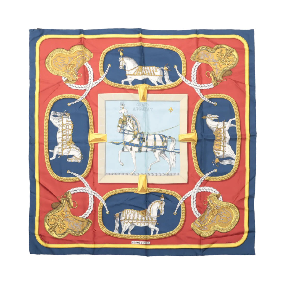 Carré Hermès Carré 90 « GRAND APPARAT » 100 % soie, bleu marine x rouge