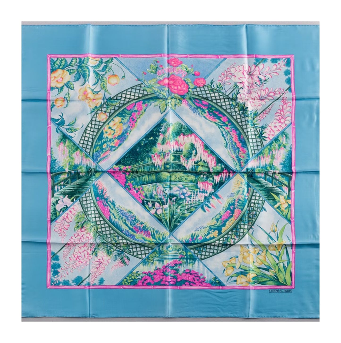 Hermès Carré 90 "Giverny Gardens" 100% Silk Scarf in Blue