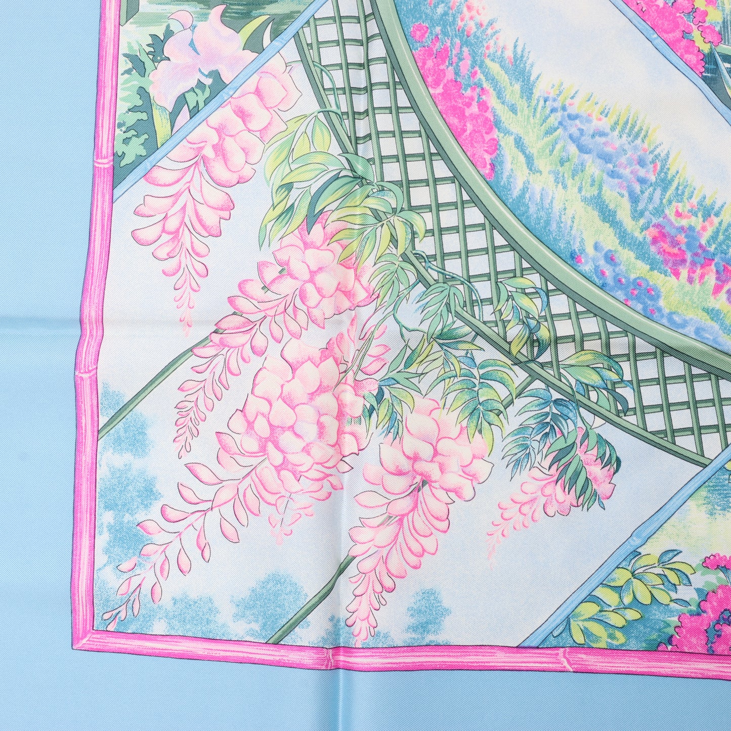 Hermès Carré 90 "Giverny Gardens" 100% Silk Scarf in Blue
