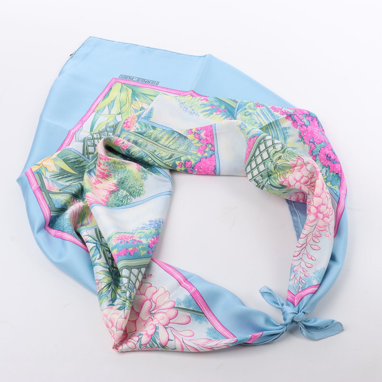 Hermès Carré 90 "Giverny Gardens" 100% Silk Scarf in Blue