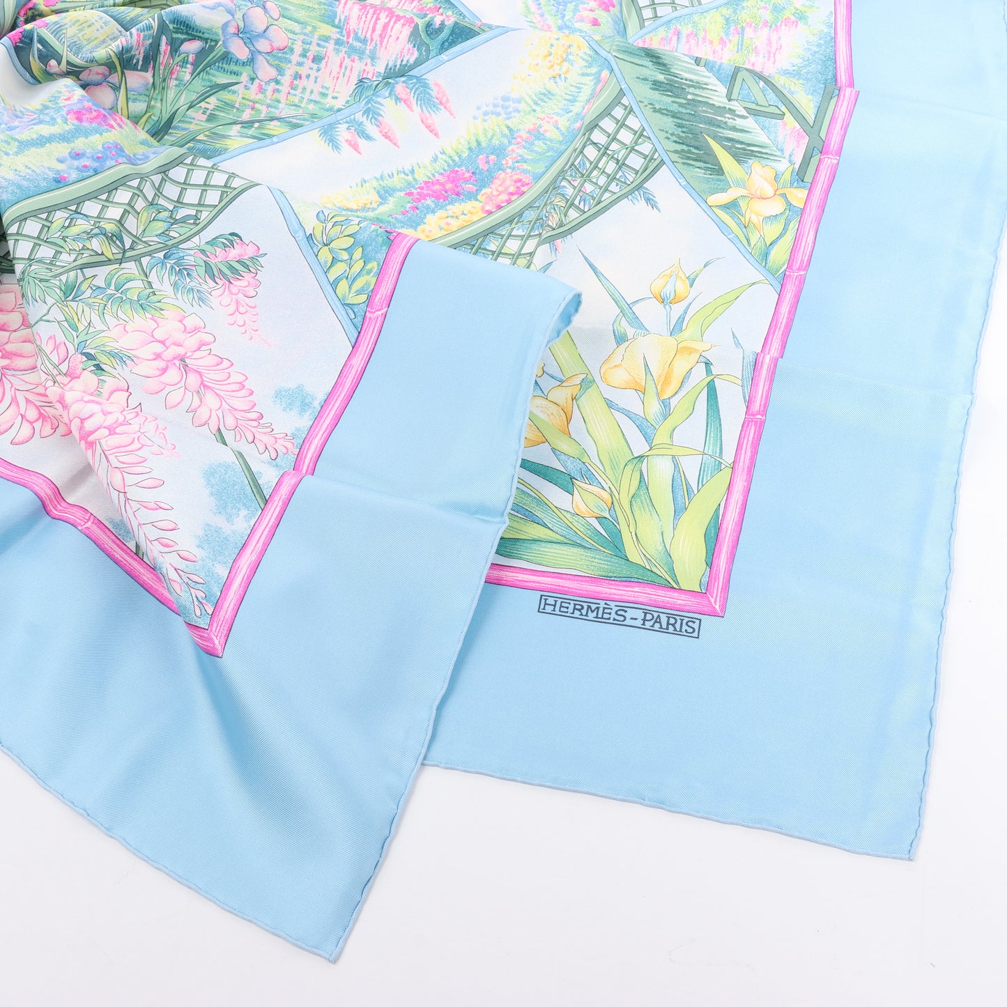 Hermès Carré 90 "Giverny Gardens" 100% Silk Scarf in Blue