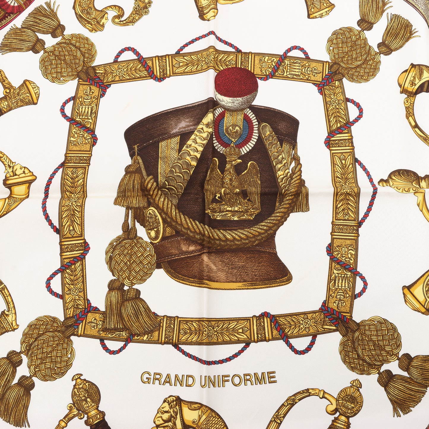 Hermès Carré 90 "Grand Uniforme" 100% Silk Scarf in Brown and Ecru