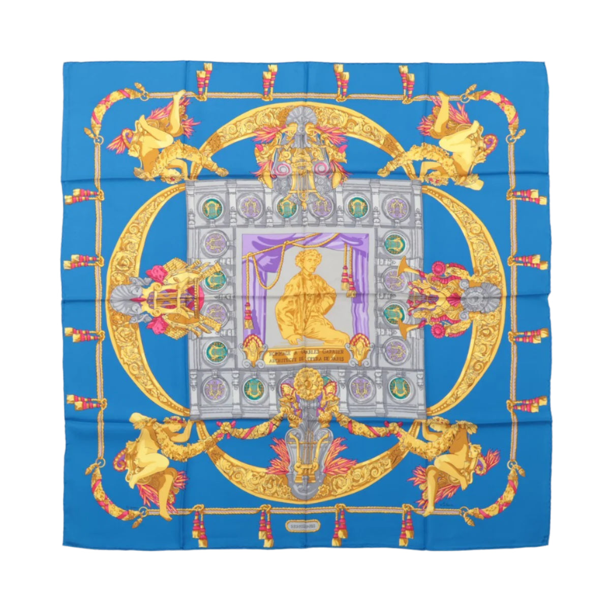 Hermès Carré 90 "HOMMAGE A CHARLES GARNIER" 100% Silk Scarf in Blue