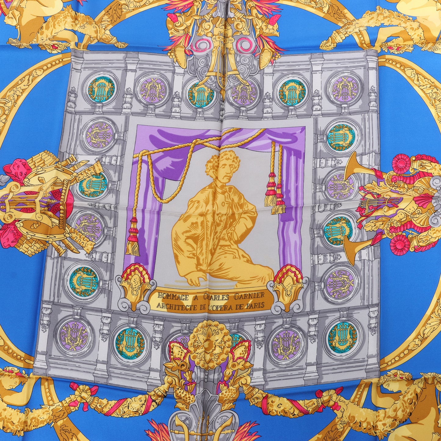 Hermès Carré 90 "HOMMAGE A CHARLES GARNIER" 100% Silk Scarf in Blue
