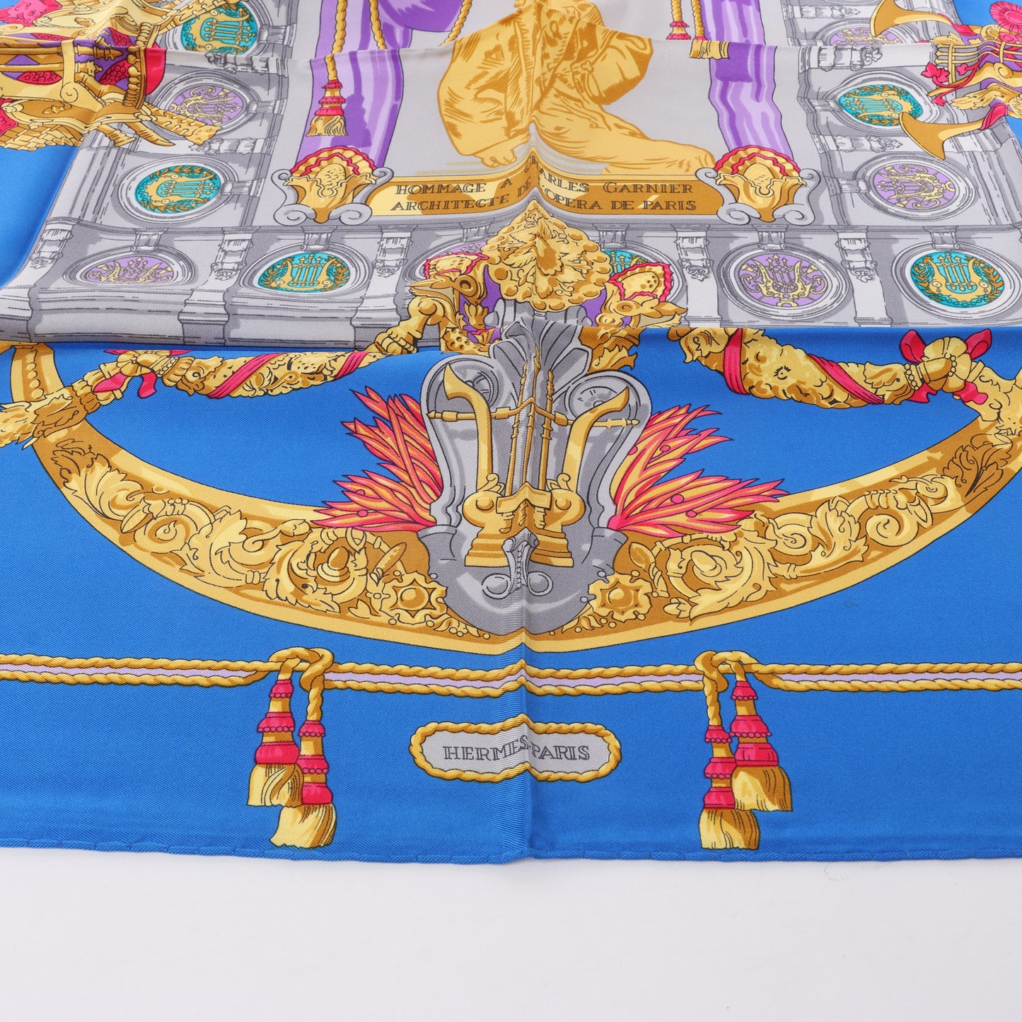 Hermès Carré 90 "HOMMAGE A CHARLES GARNIER" 100% Silk Scarf in Blue
