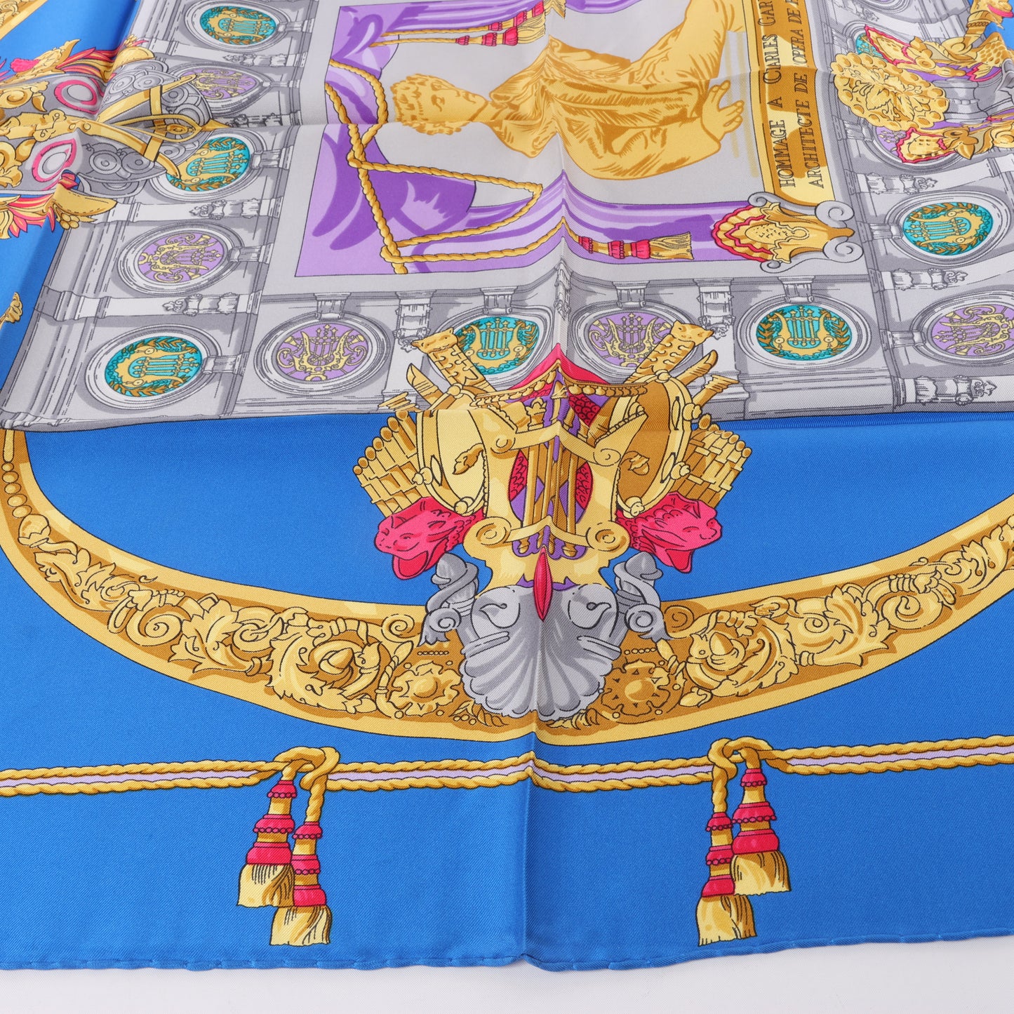 Hermès Carré 90 "HOMMAGE A CHARLES GARNIER" 100% Silk Scarf in Blue