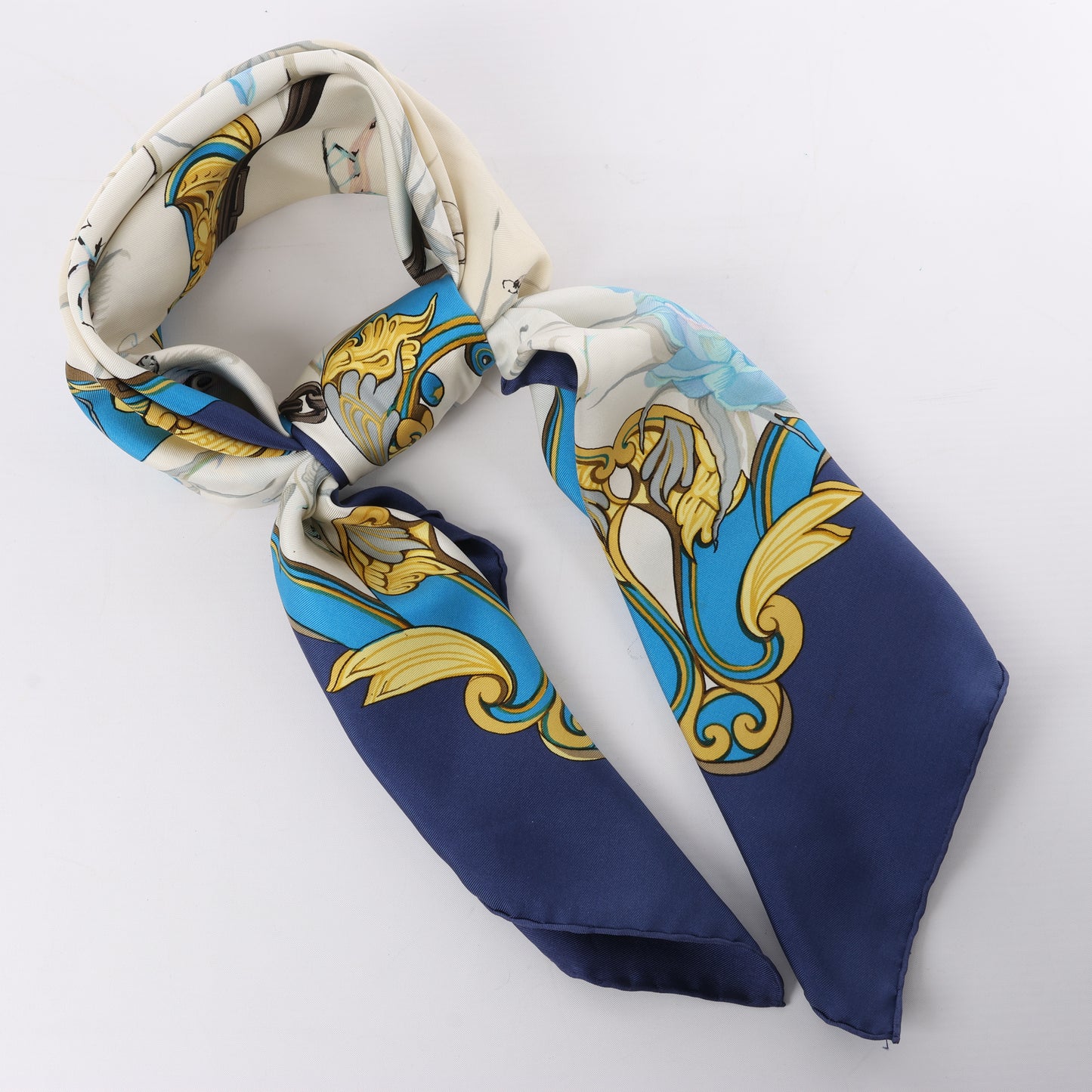 Hermès Carré 90 "Ingrid" 100% Silk Scarf in Navy Blue