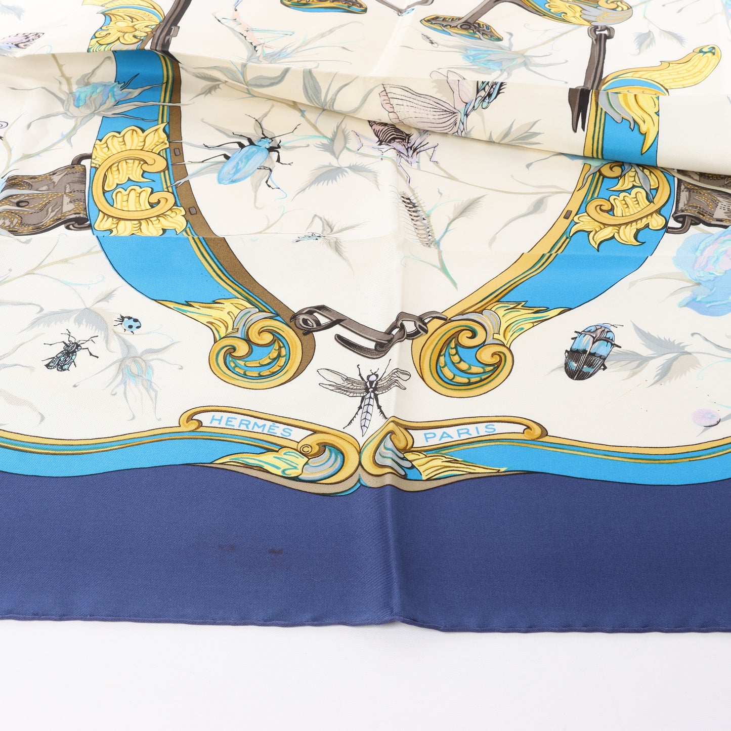 Hermès Carré 90 "Ingrid" 100% Silk Scarf in Navy Blue