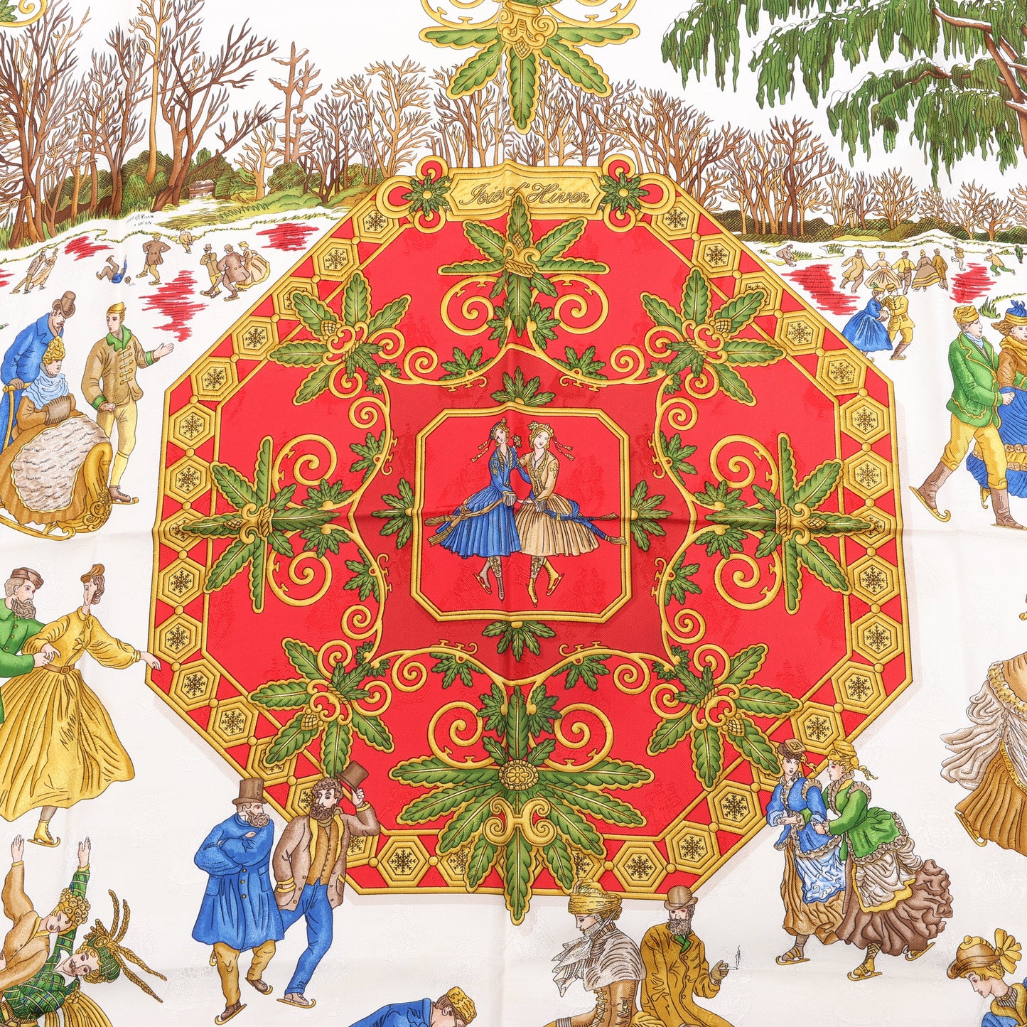 Hermès Carré 90 „Joies d'Hiver“ Schal aus 100 % Seide in Rot