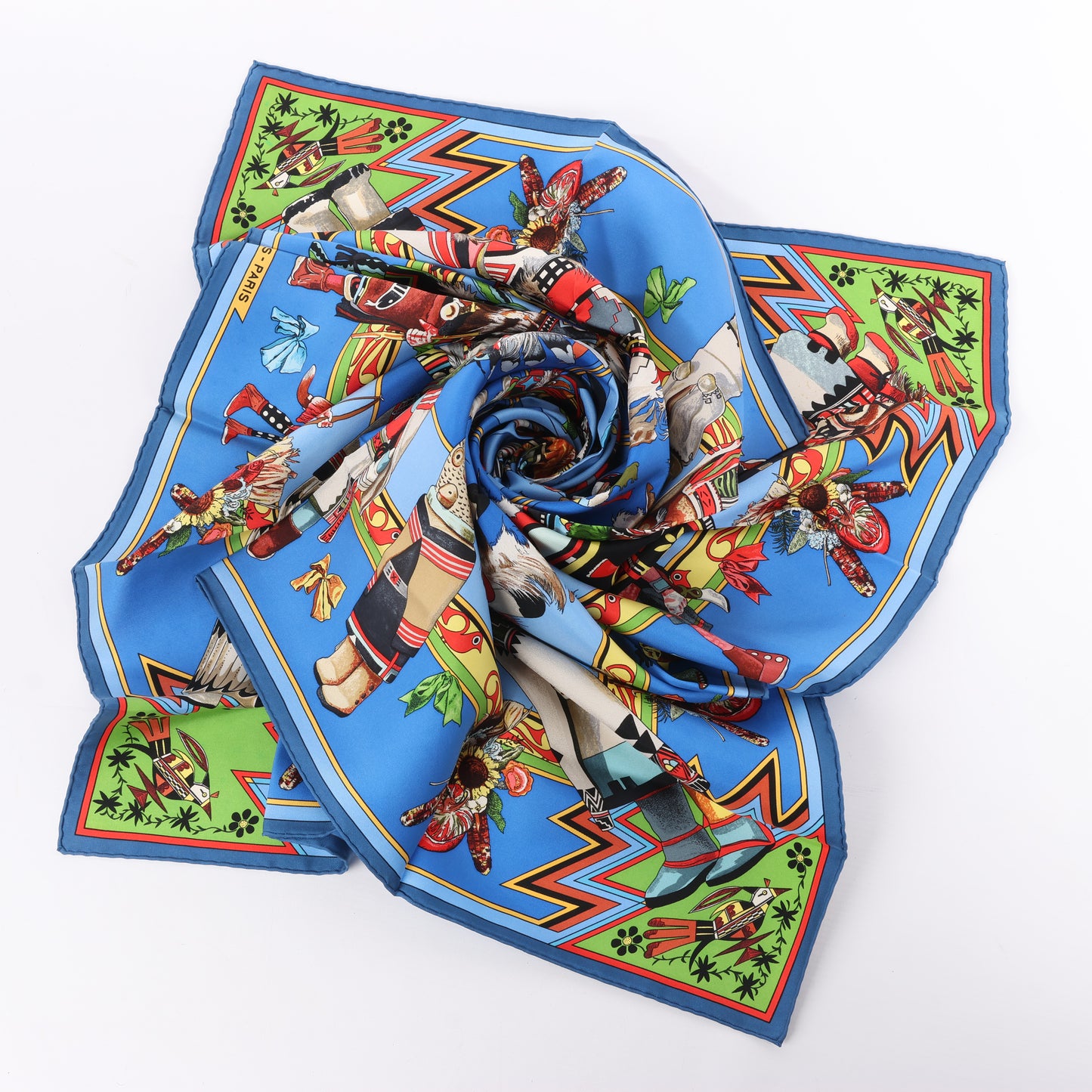 Hermès Carré 90 "Kachinas" 100% Silk Scarf in Blue