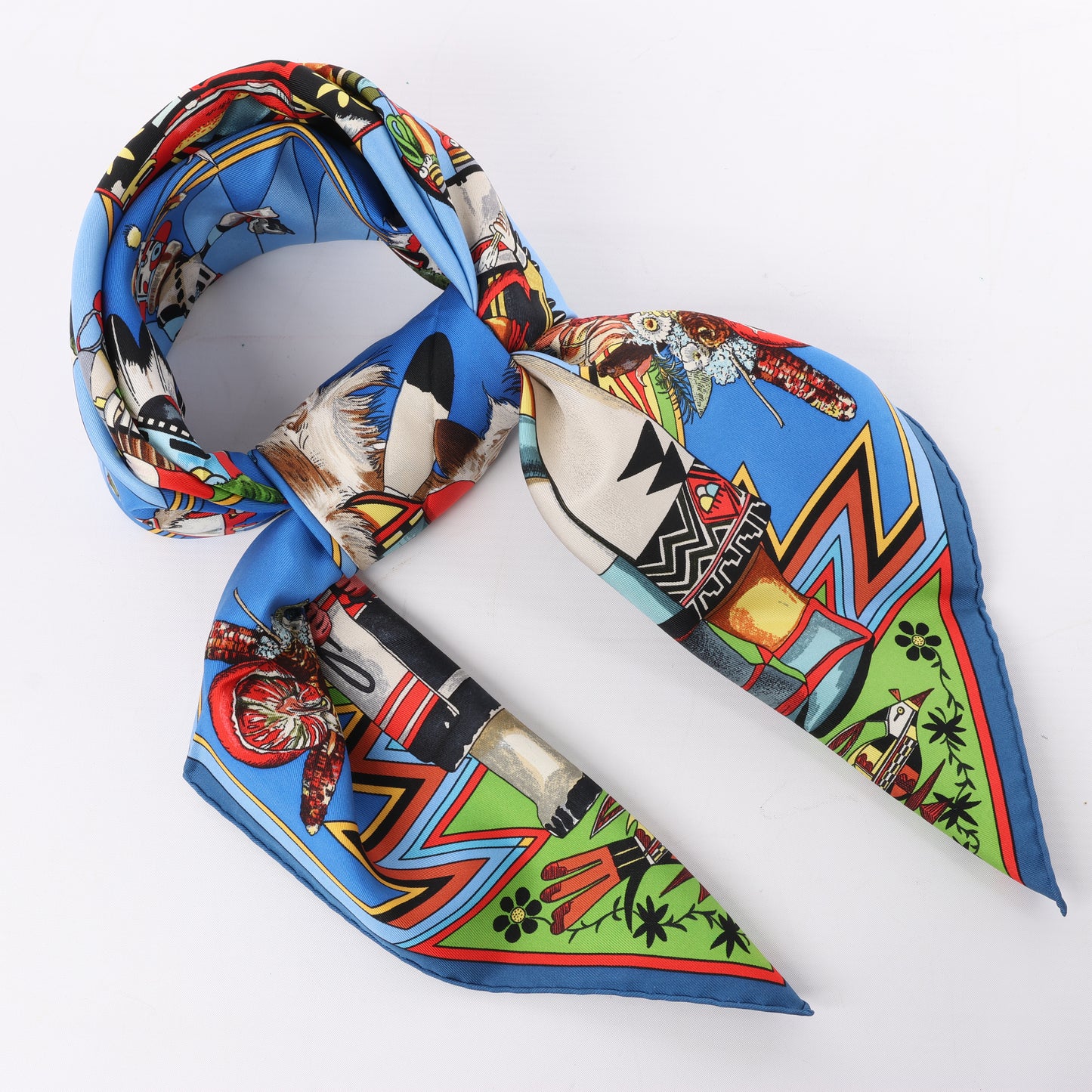Hermès Carré 90 "Kachinas" 100% Silk Scarf in Blue