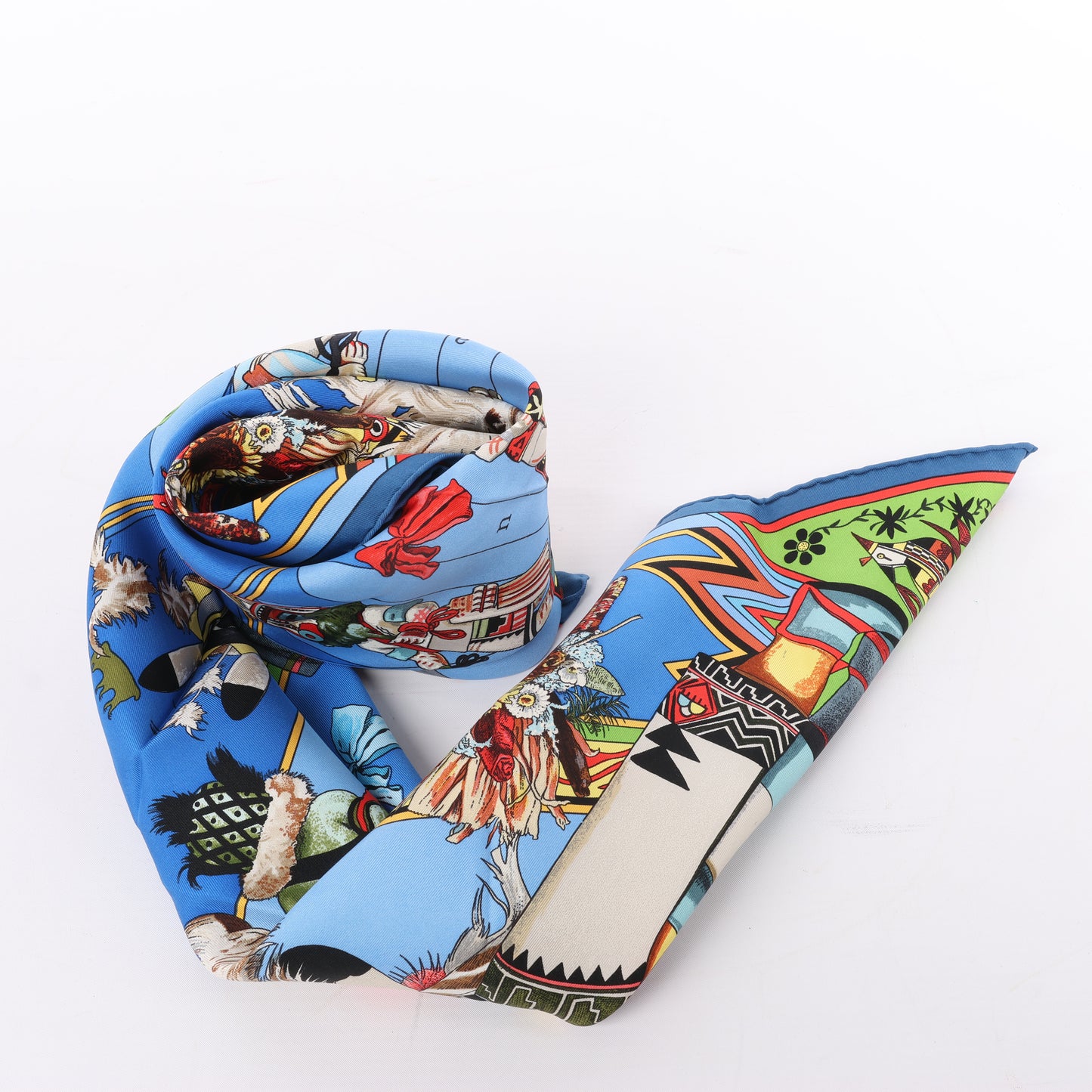 Hermès Carré 90 "Kachinas" 100% Silk Scarf in Blue