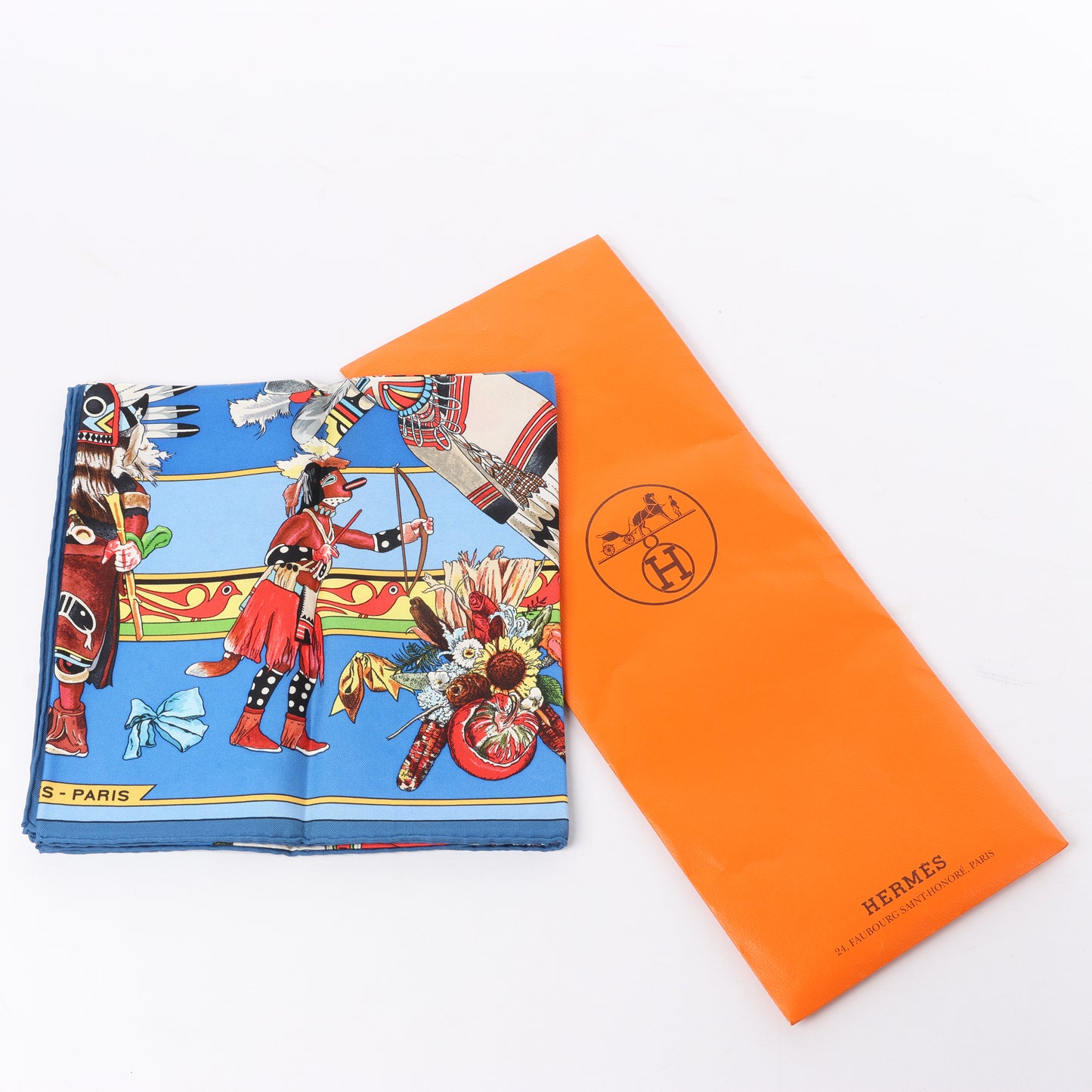 Hermès Carré 90 "Kachinas" 100% Silk Scarf in Blue