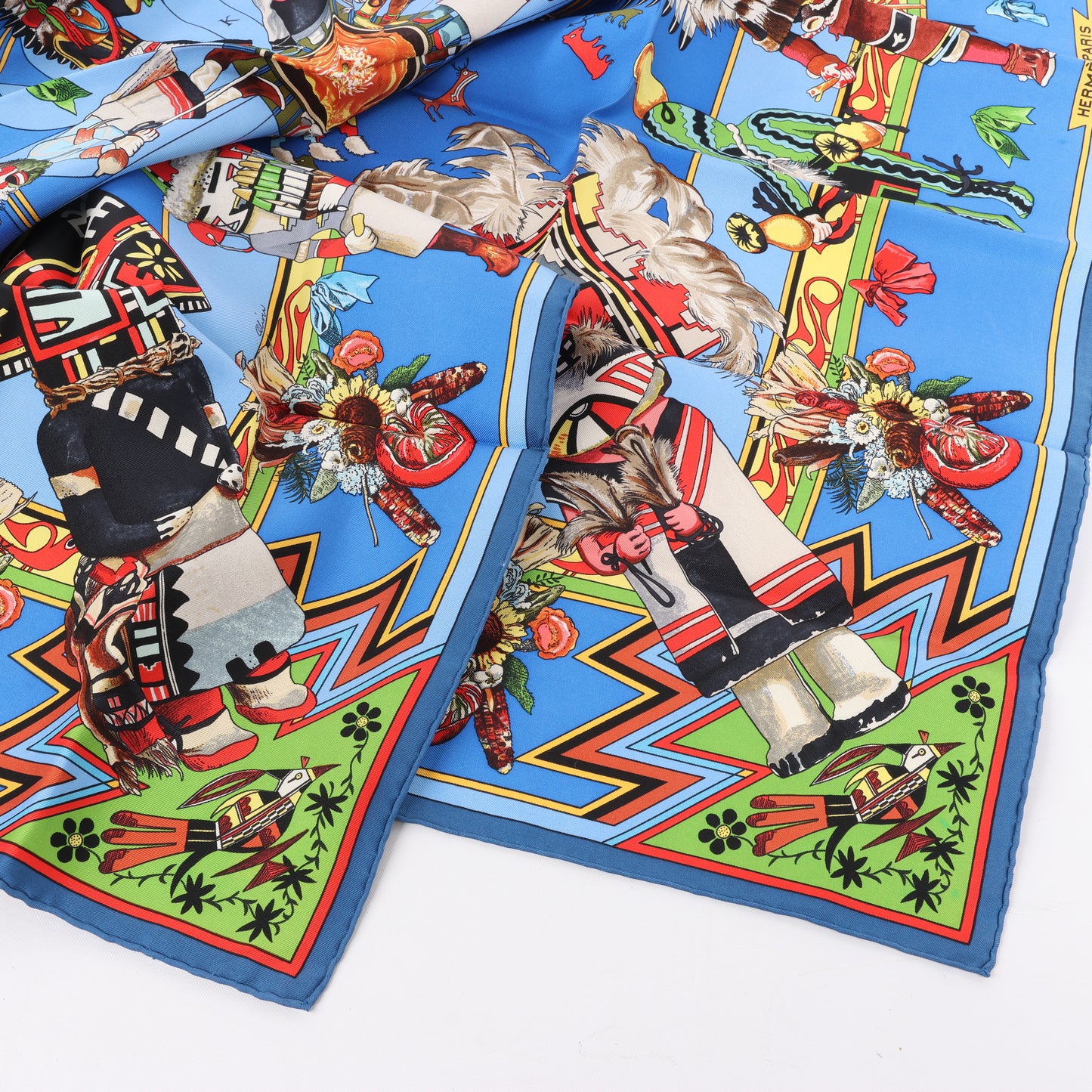 Hermès Carré 90 "Kachinas" 100% Silk Scarf in Blue