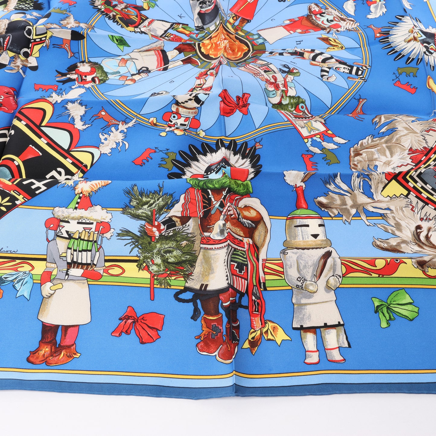 Hermès Carré 90 "Kachinas" 100% Silk Scarf in Blue