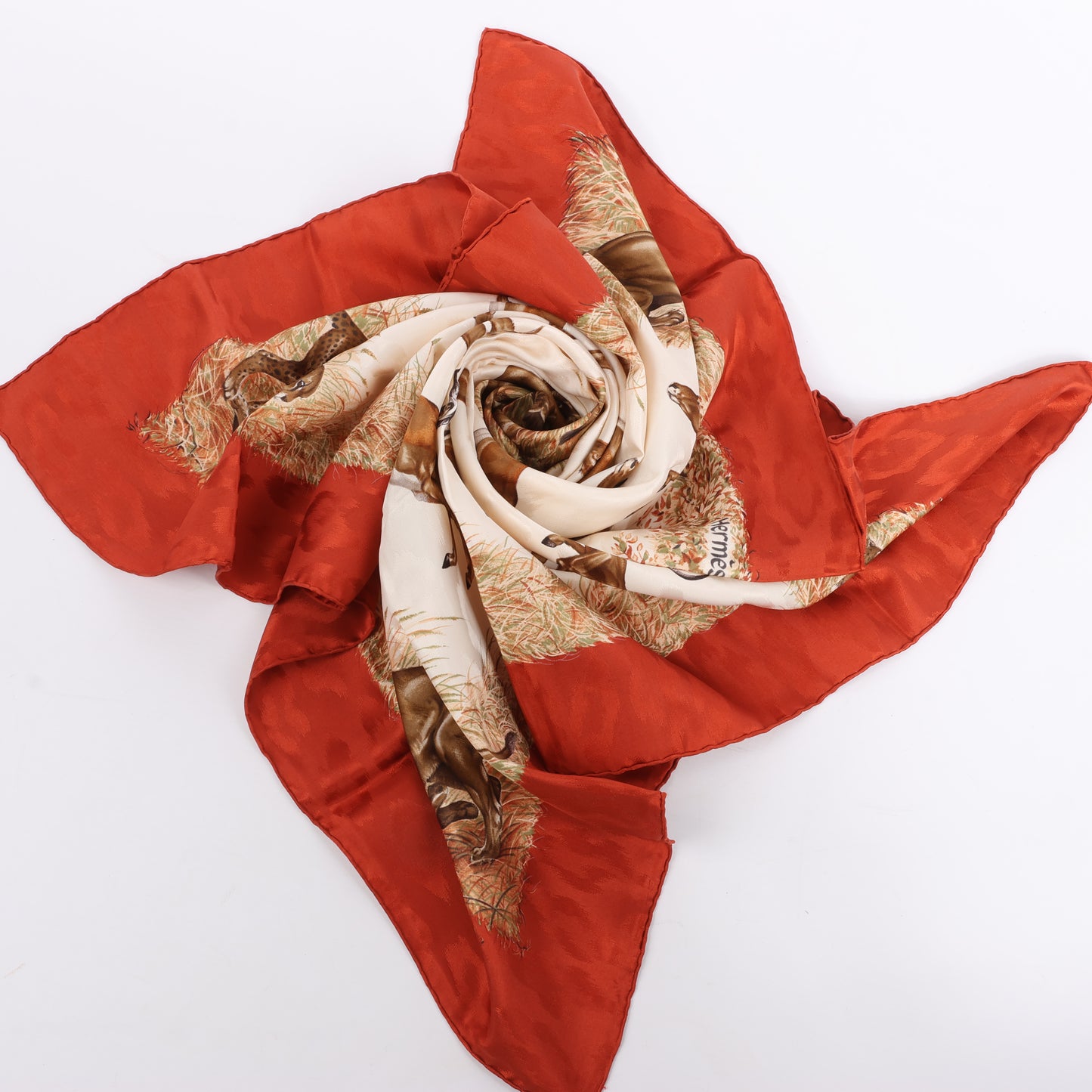 Hermès Carré 90 "Kenya" 100% Silk Scarf in Brown x Red