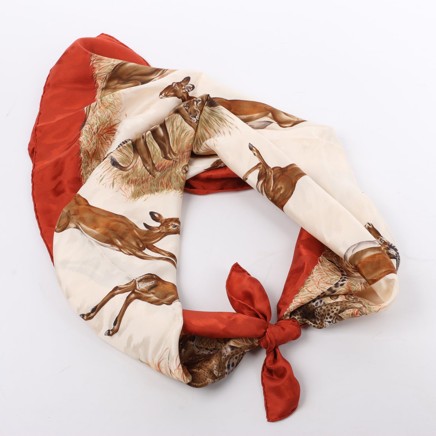 Hermès Carré 90 "Kenya" 100% Silk Scarf in Brown x Red