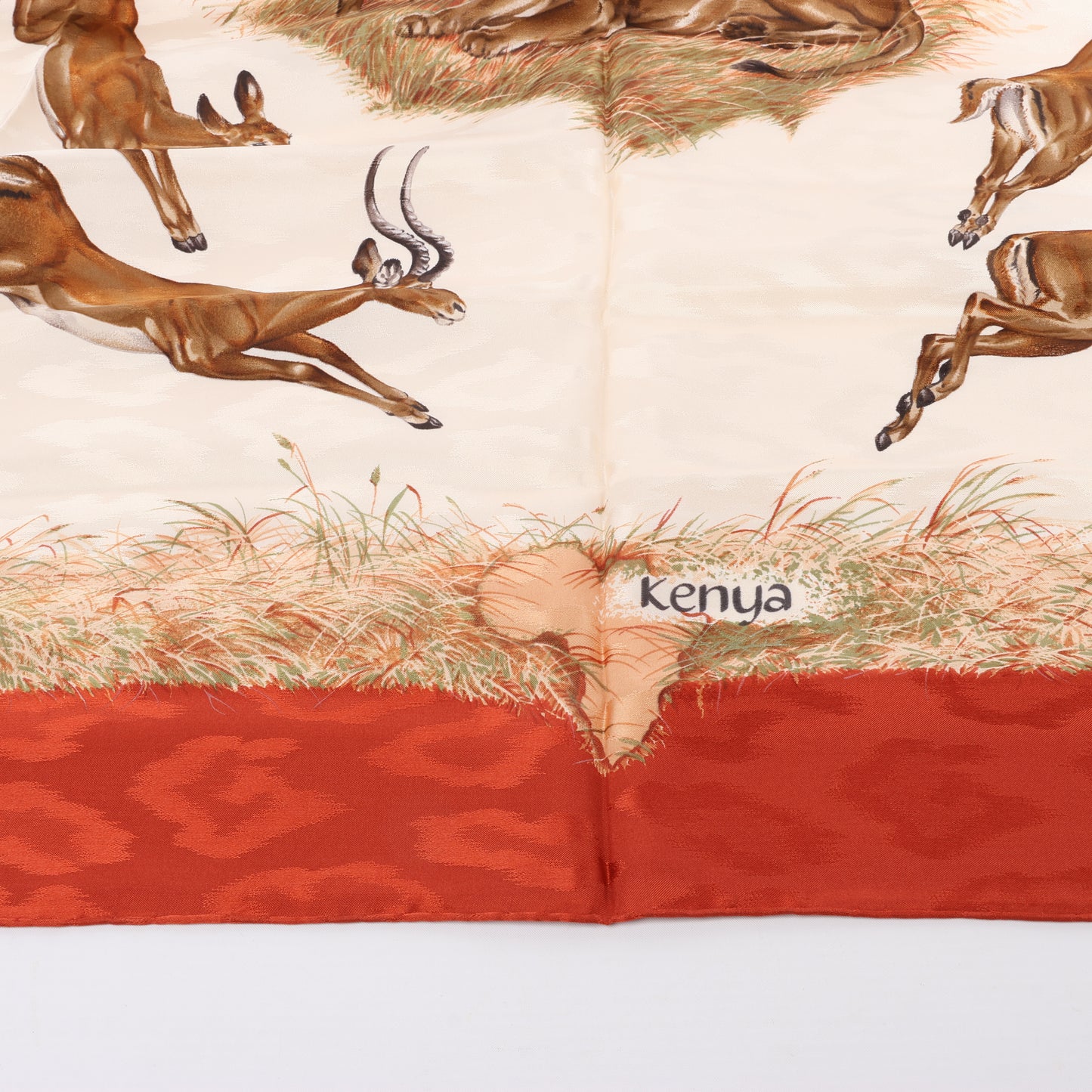 Hermès Carré 90 "Kenya" 100% Silk Scarf in Brown x Red