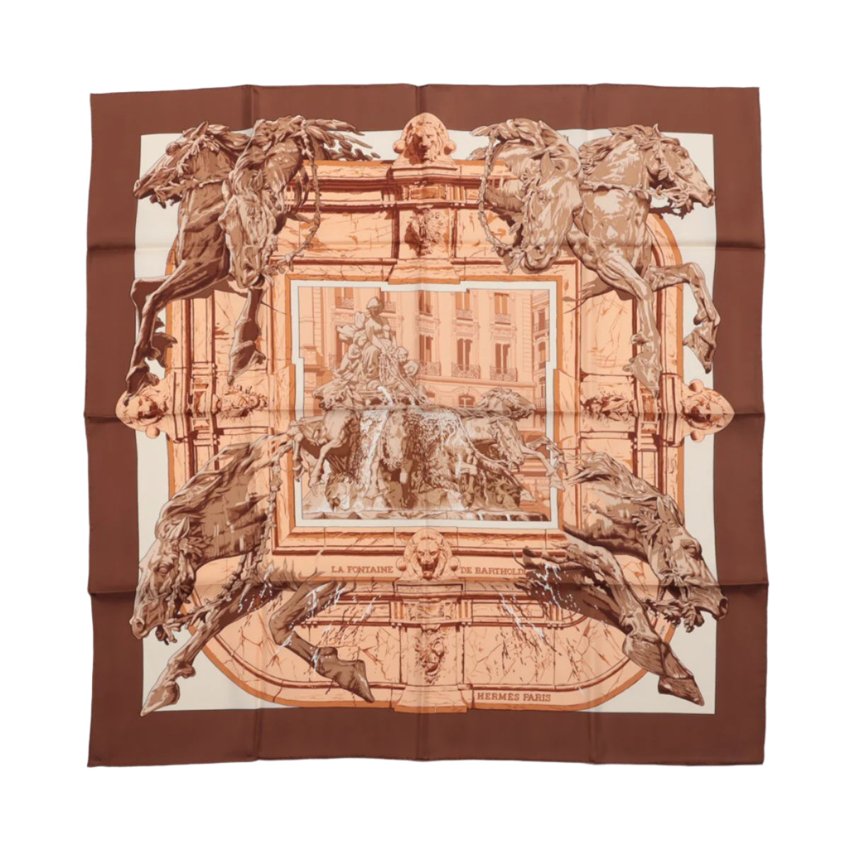 Hermès Carré 90 " LA FONTAINE DE BARTHOLD" 100% Silk Scarf in Brown