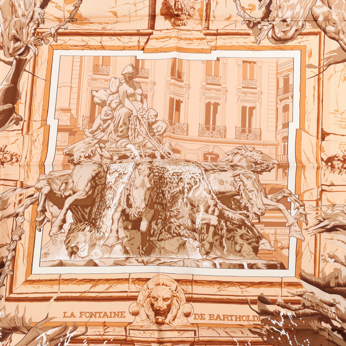 Hermès Carré 90 " LA FONTAINE DE BARTHOLD" 100% Silk Scarf in Brown
