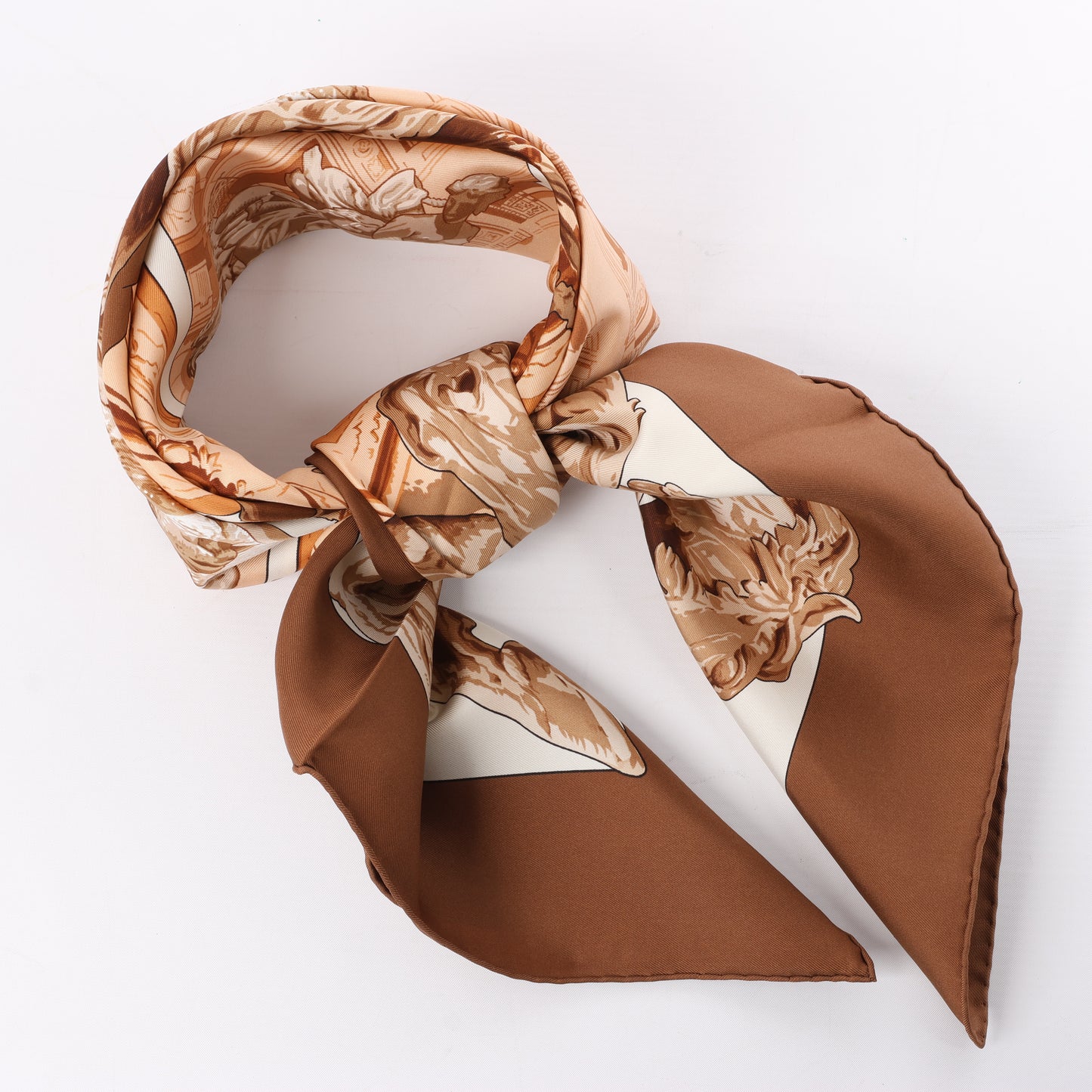 Hermès Carré 90 " LA FONTAINE DE BARTHOLD" 100% Silk Scarf in Brown