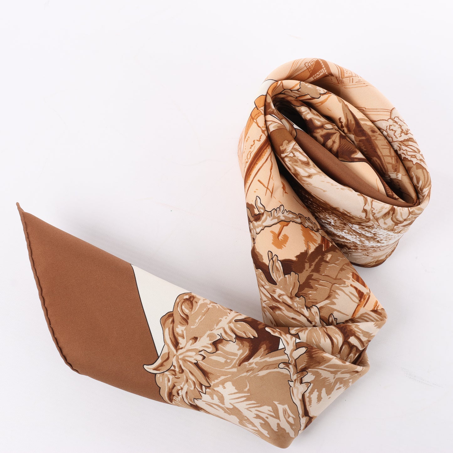 Hermès Carré 90 " LA FONTAINE DE BARTHOLD" 100% Silk Scarf in Brown