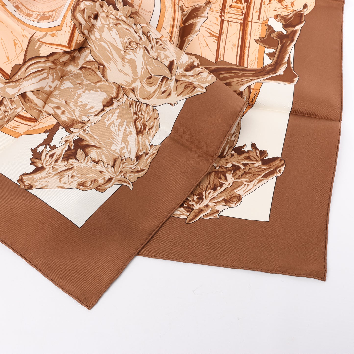 Hermès Carré 90 " LA FONTAINE DE BARTHOLD" 100% Silk Scarf in Brown