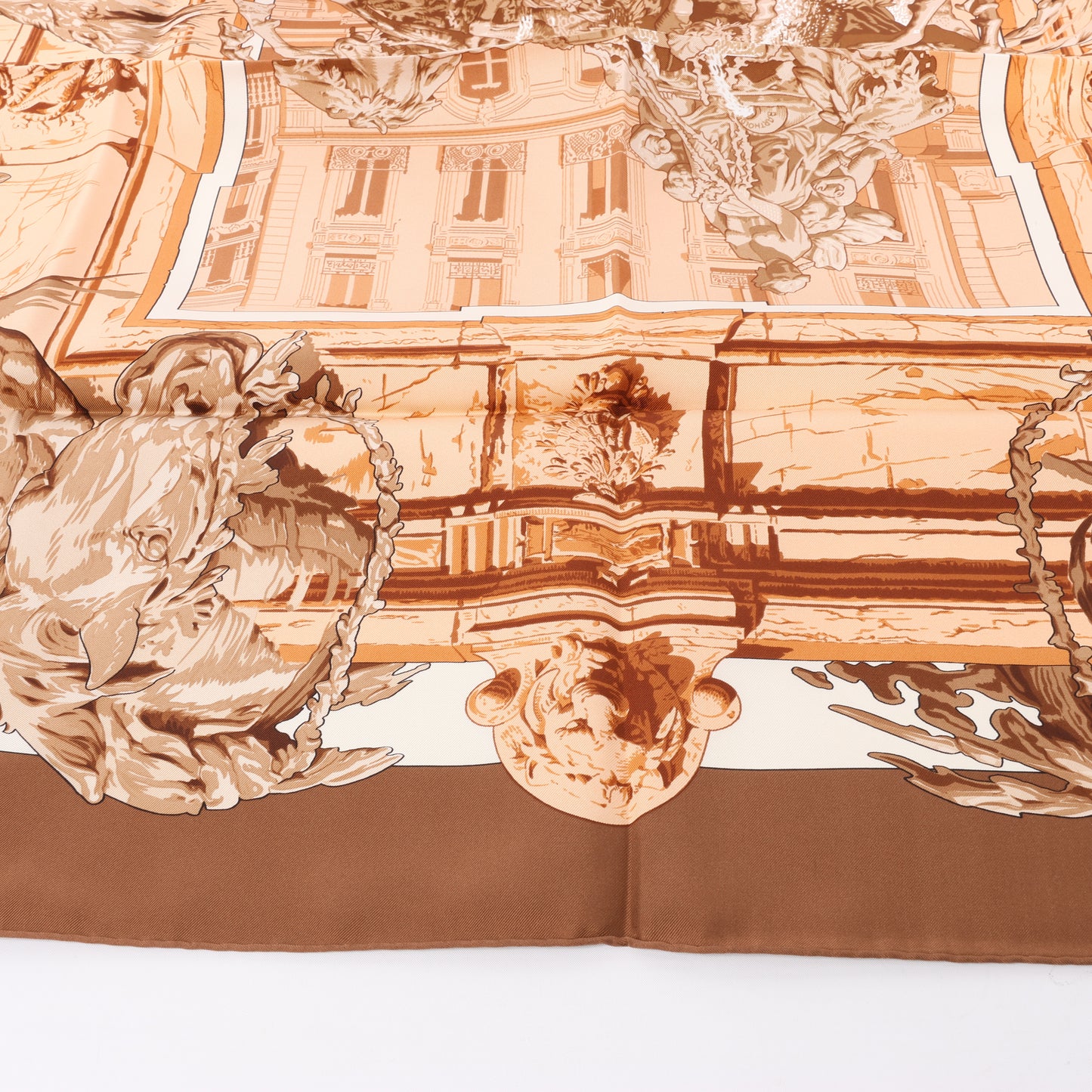 Hermès Carré 90 " LA FONTAINE DE BARTHOLD" 100% Silk Scarf in Brown