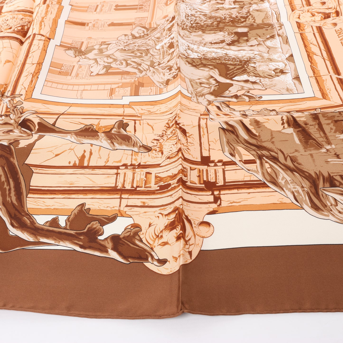 Hermès Carré 90 " LA FONTAINE DE BARTHOLD" 100% Silk Scarf in Brown