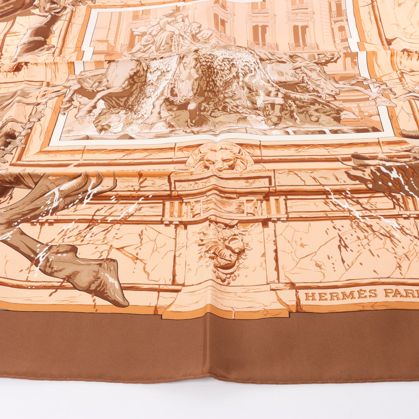 Hermès Carré 90 " LA FONTAINE DE BARTHOLD" 100% Silk Scarf in Brown