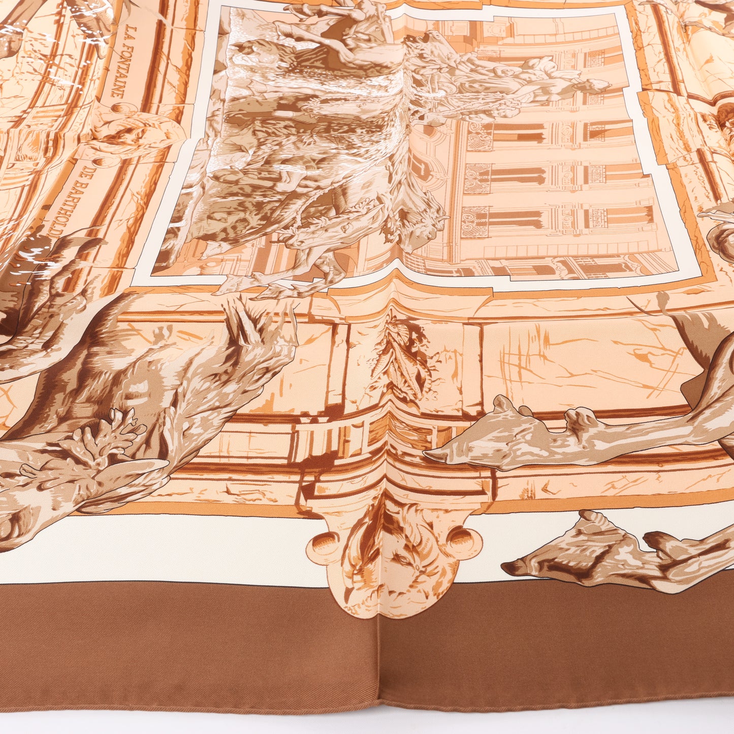 Hermès Carré 90 " LA FONTAINE DE BARTHOLD" 100% Silk Scarf in Brown