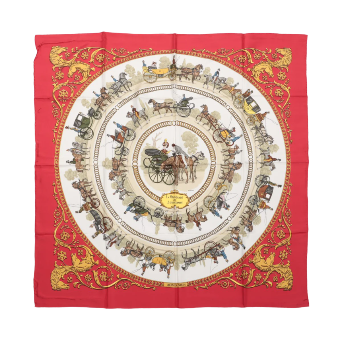 Hermès Carré 90 "LA PROMENADE DE LONGCHAMPS" 100% Silk Scarf in Red