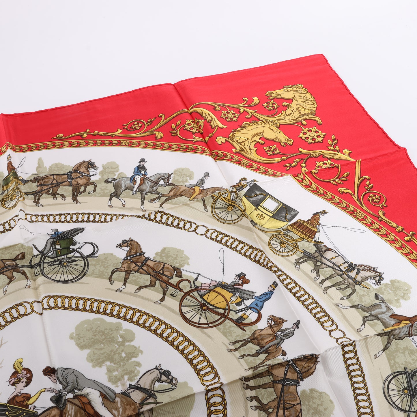 Hermès Carré 90 "LA PROMENADE DE LONGCHAMPS" 100% Silk Scarf in Red