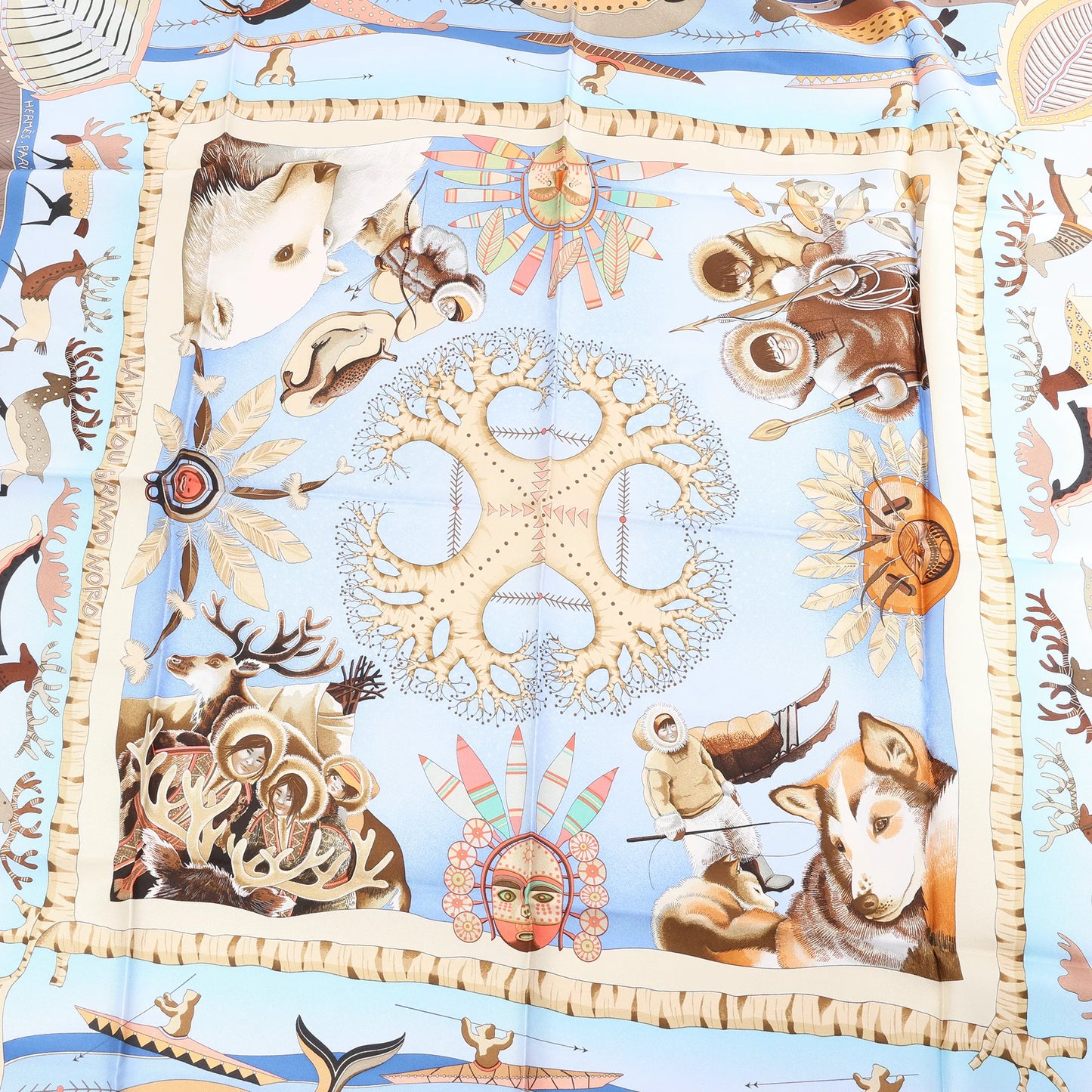 Hermès Carré 90 „LA VIE DU GRAND NORD“ Seidentaschentuch in Marineblau