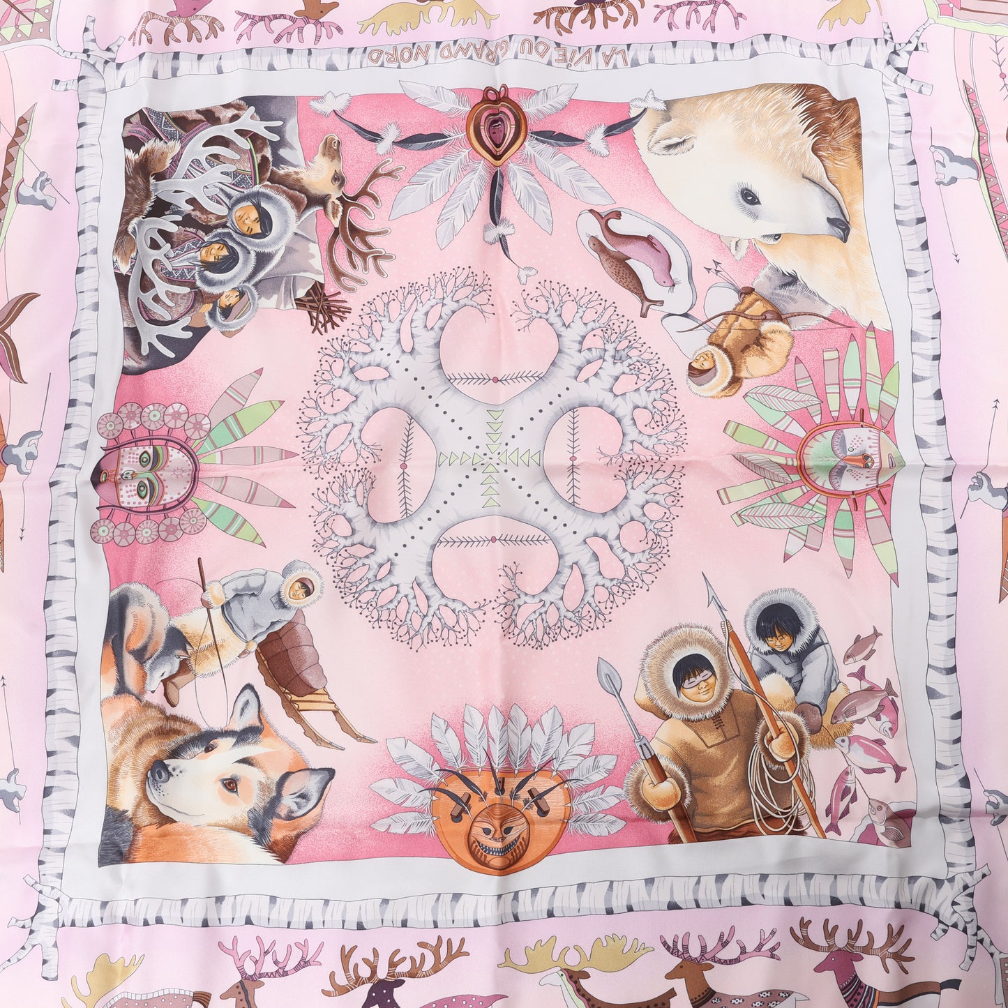 Hermès Carré 90 "LA VIE DU GRAND NORD" 100% Silk Scarf in Pink