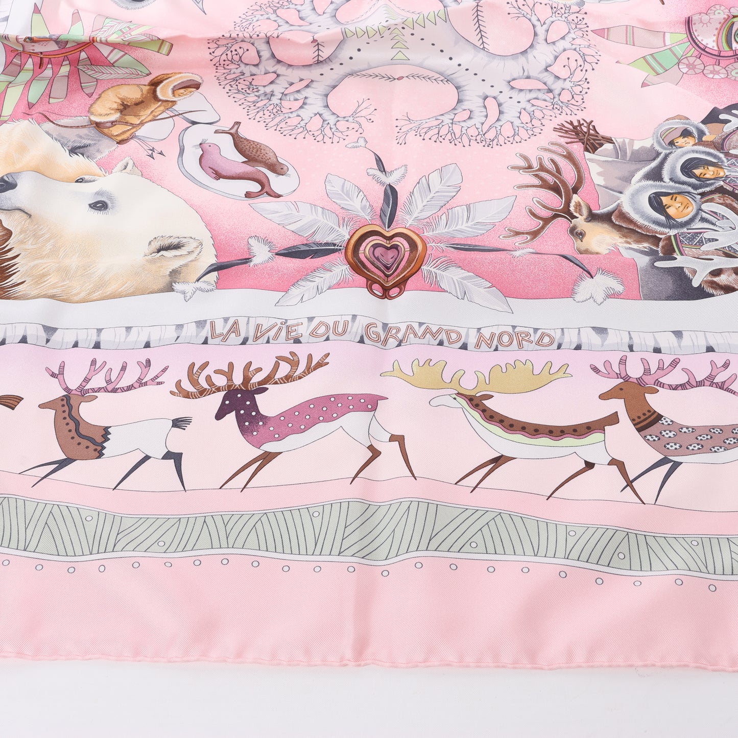Hermès Carré 90 "LA VIE DU GRAND NORD" 100% Silk Scarf in Pink