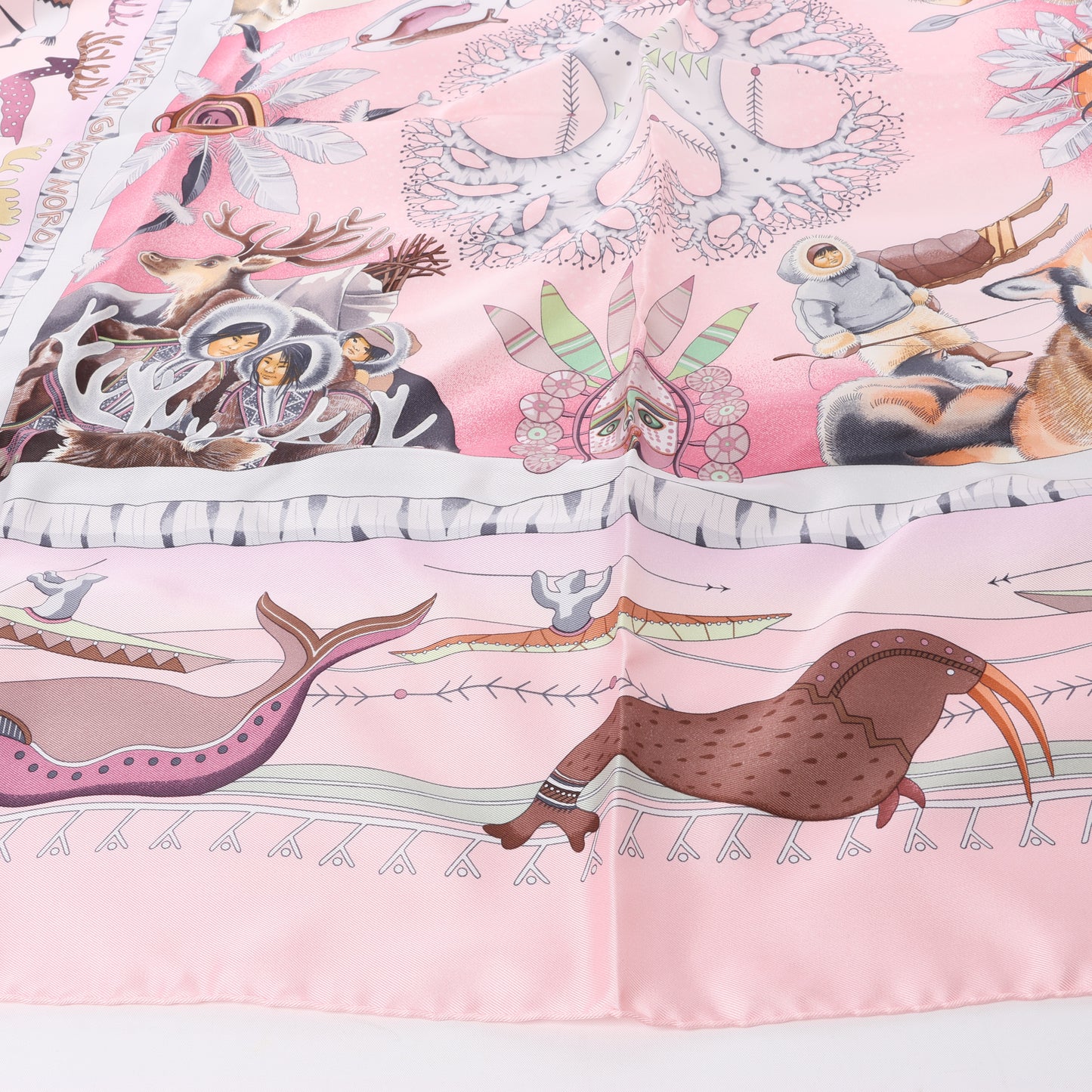 Hermès Carré 90 "LA VIE DU GRAND NORD" 100% Silk Scarf in Pink