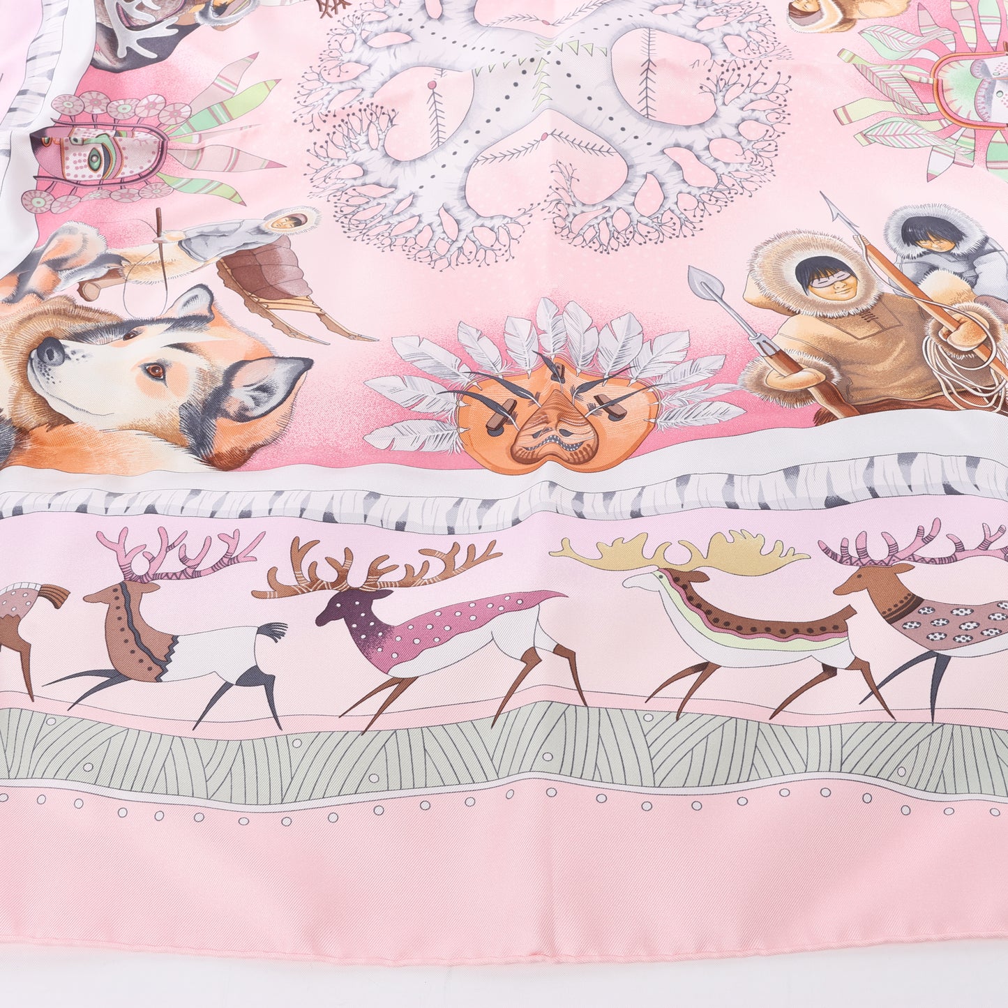 Hermès Carré 90 "LA VIE DU GRAND NORD" 100% Silk Scarf in Pink