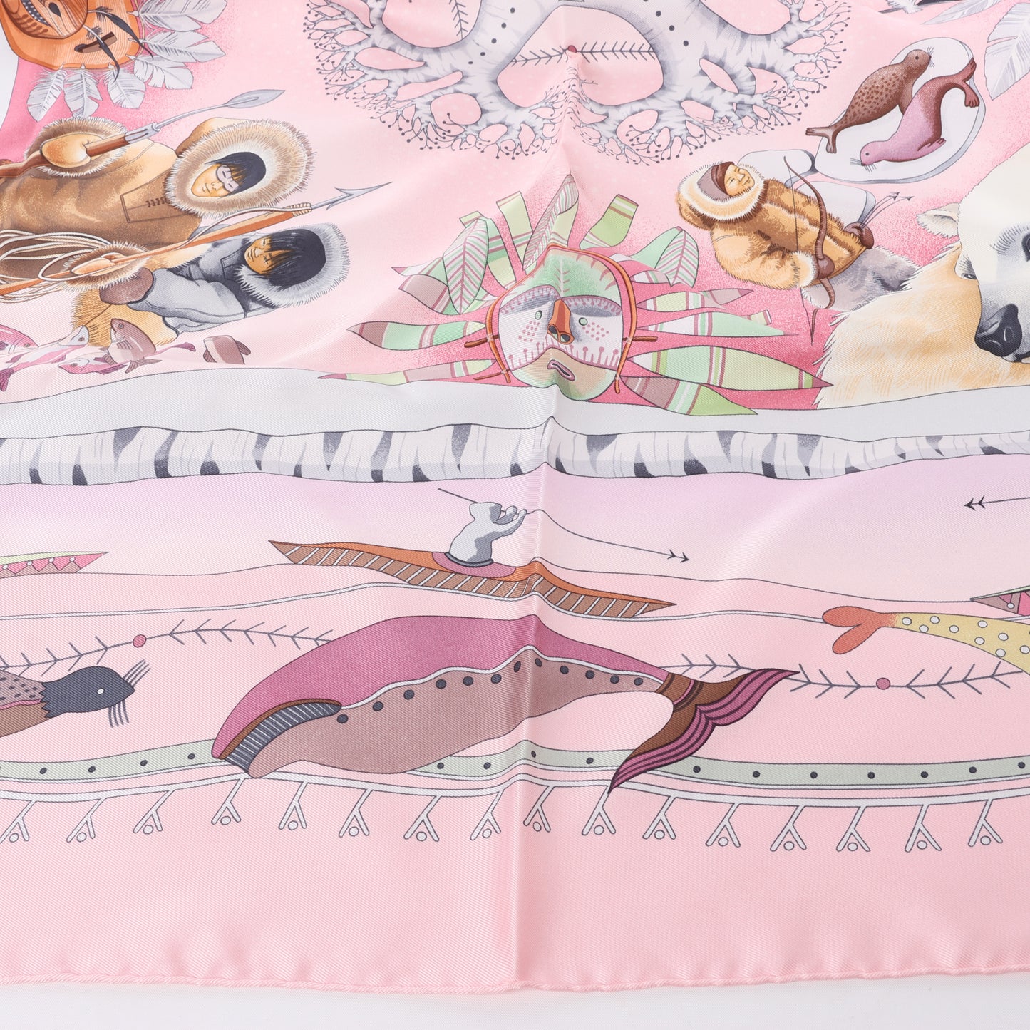Hermès Carré 90 "LA VIE DU GRAND NORD" 100% Silk Scarf in Pink