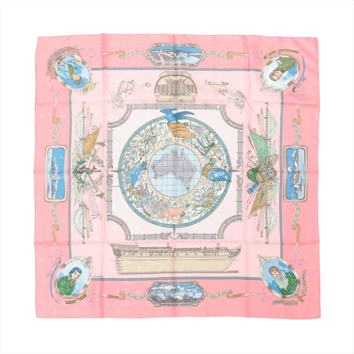 Hermès Carré 90 "LE GEOGRAPHE" silk handkerchief in pink featuring a detailed world map centered on Australia, surrounded by vintage-style illustrations of birds, ships, historical portraits, and geographic motifs, printed on smooth, high-quality silk.