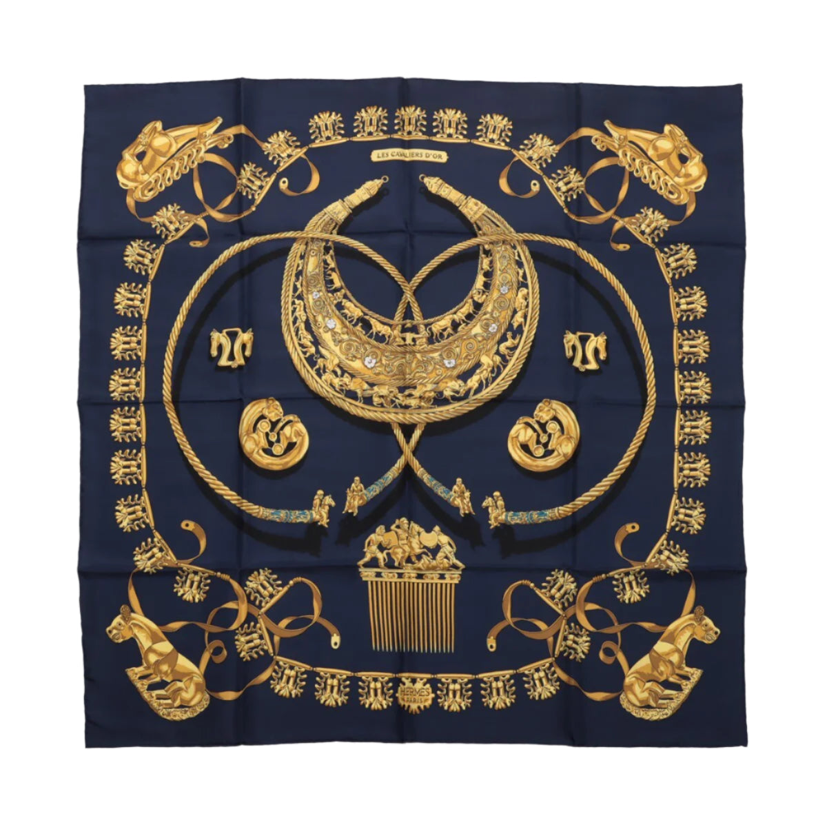Hermès Carré 90 "LES CAVALIERS D'OR" 100% Silk Scarf in Navy Blue