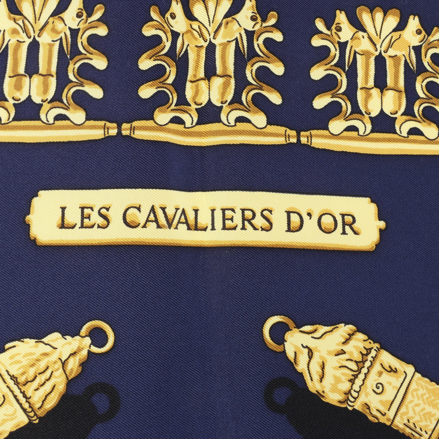 Hermès Carré 90 "LES CAVALIERS D'OR" 100% Silk Scarf in Navy Blue