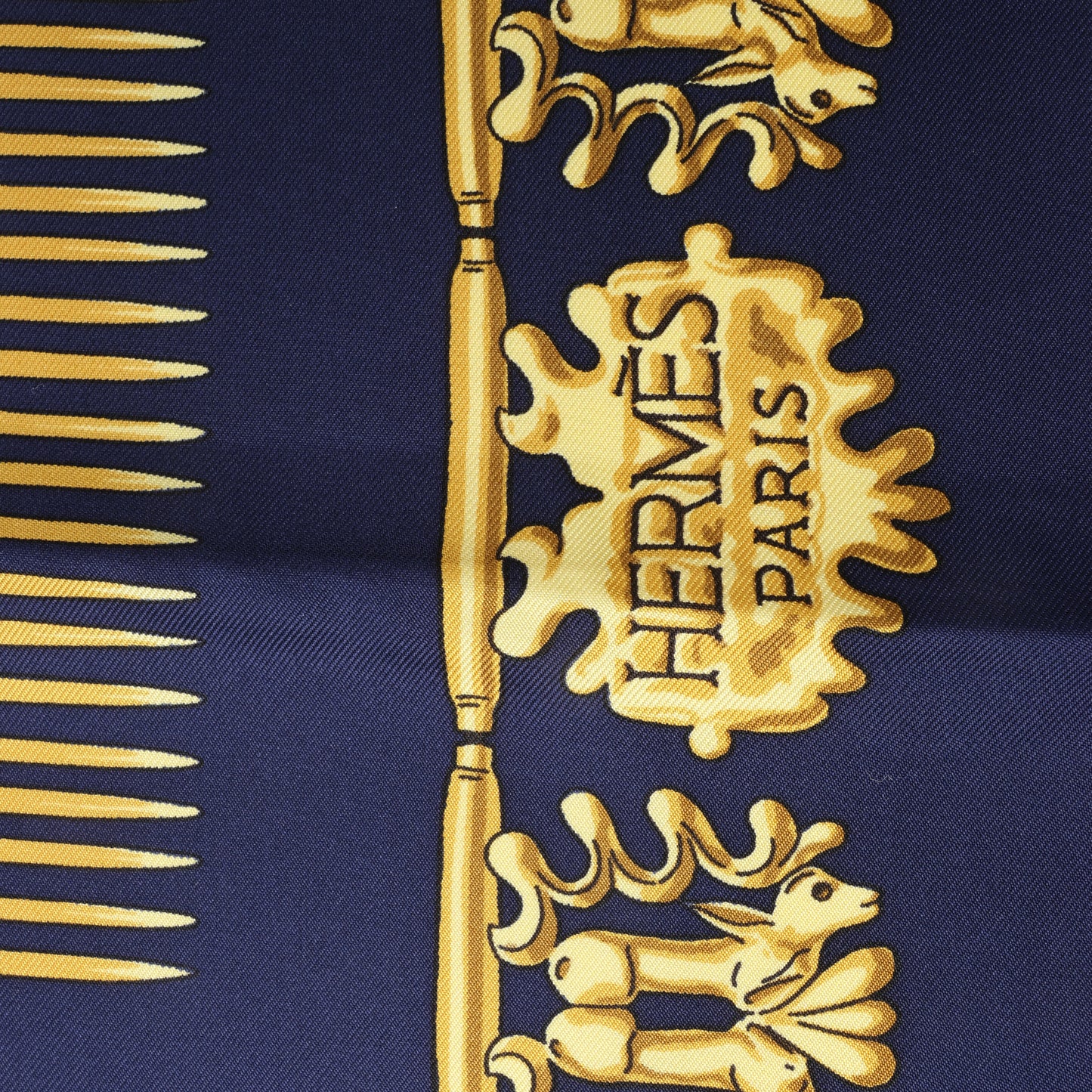 Hermès Carré 90 "LES CAVALIERS D'OR" 100% Silk Scarf in Navy Blue